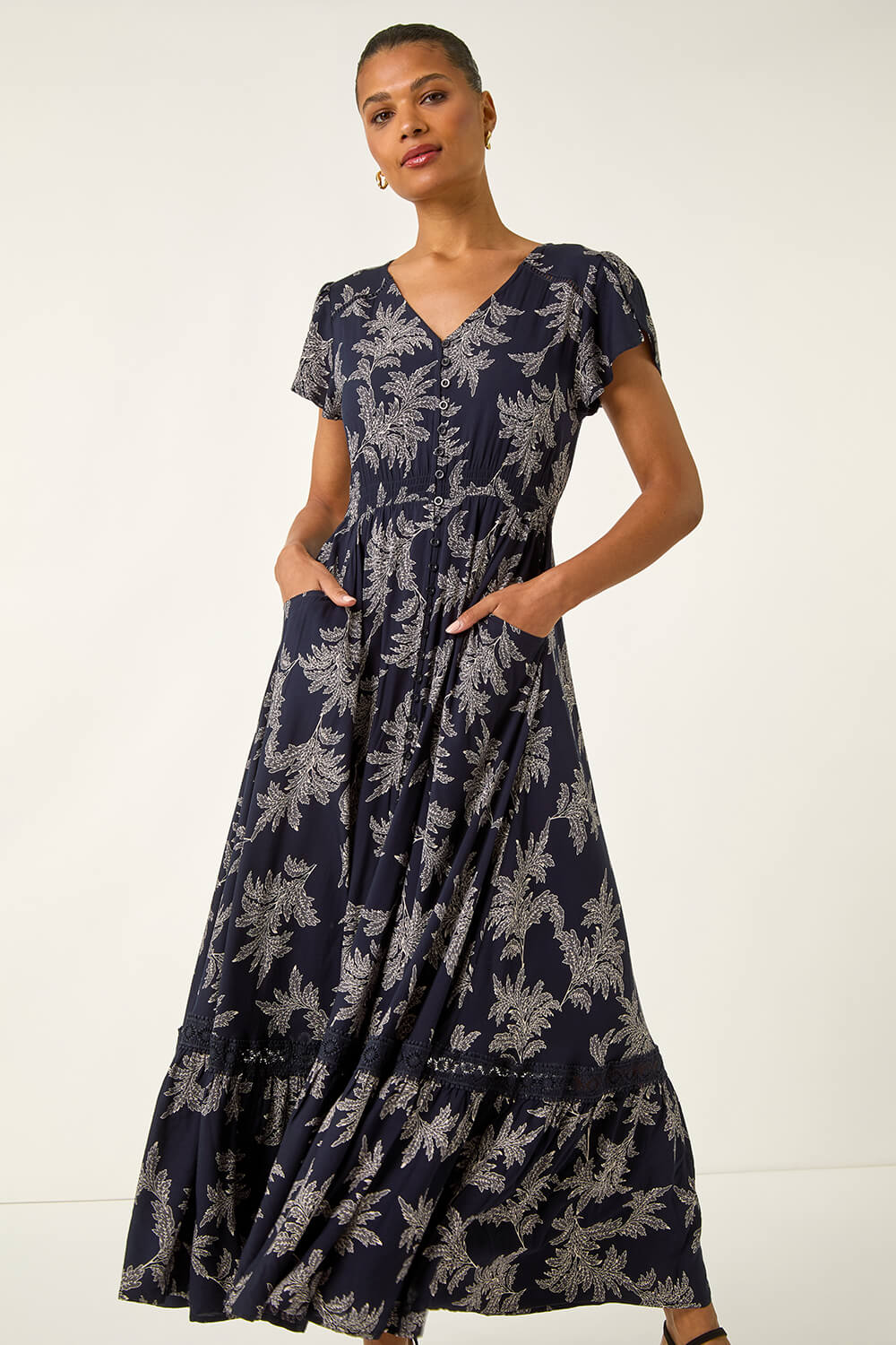 Navy Leaf Print V-Neck Maxi Dress, Image 5 of 5