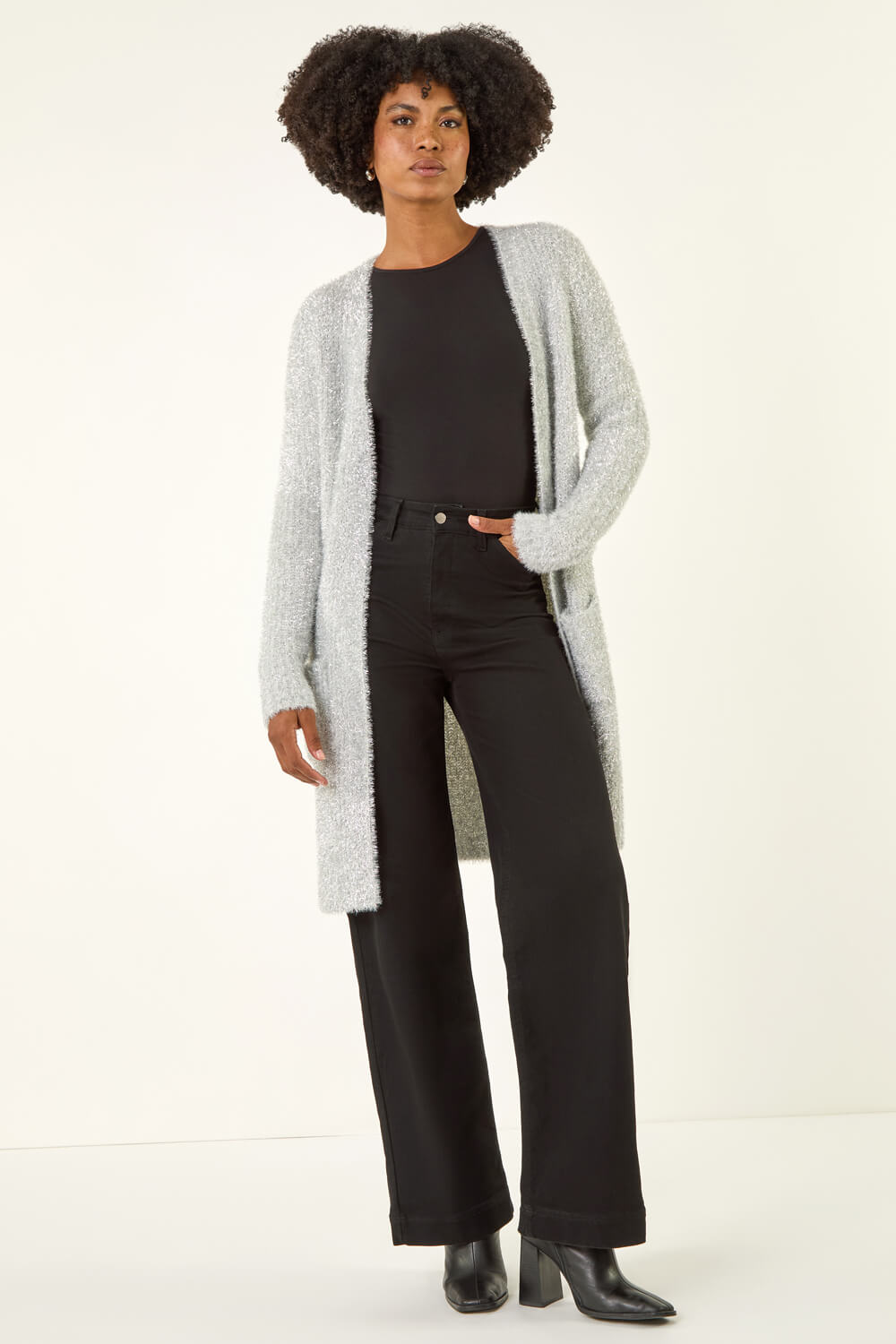 Silver Metallic Longline Knit Cardigan, Image 3 of 5