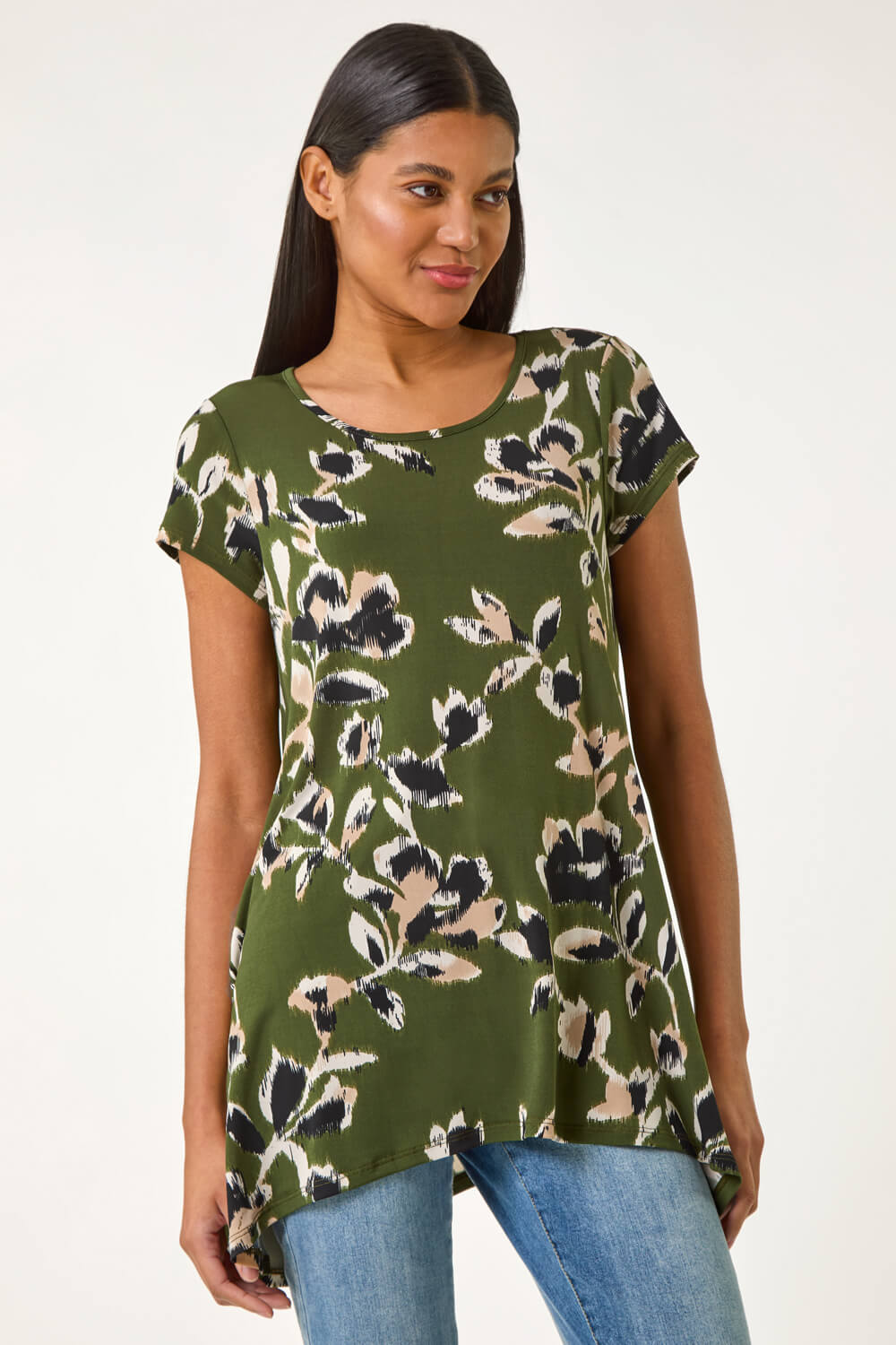 KHAKI Leaf Print Hanky Hem Tunic Top, Image 5 of 5