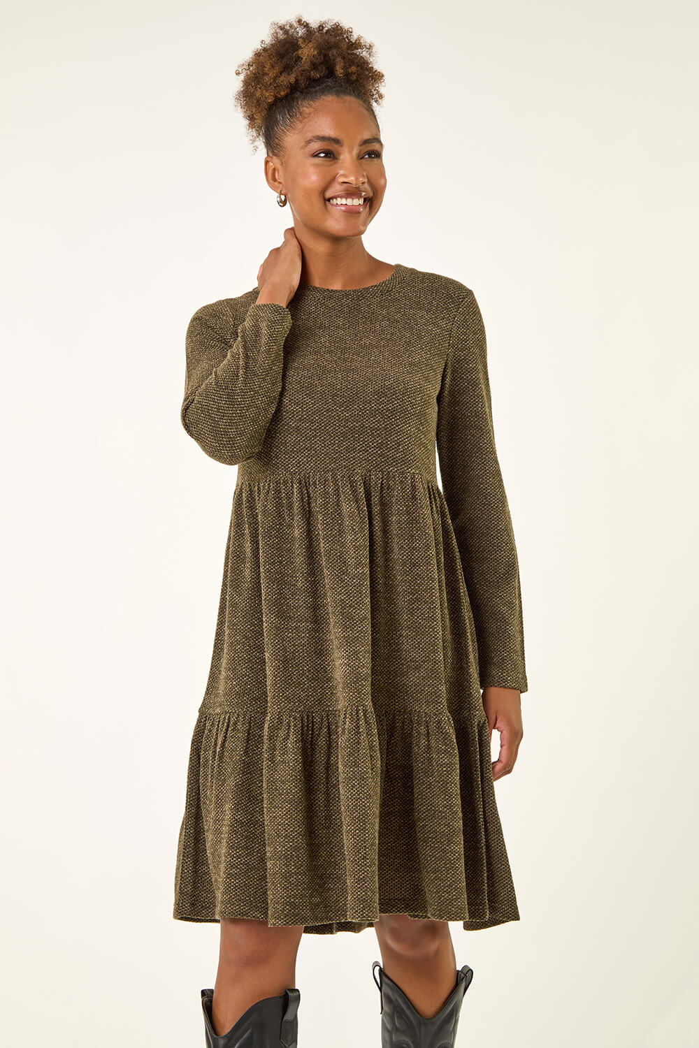 KHAKI Textured Frill Dress, Image 3 of 5
