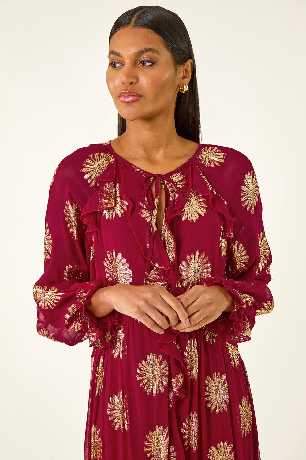 Red Frill Brocade Midi Dress, Image 4 of 4