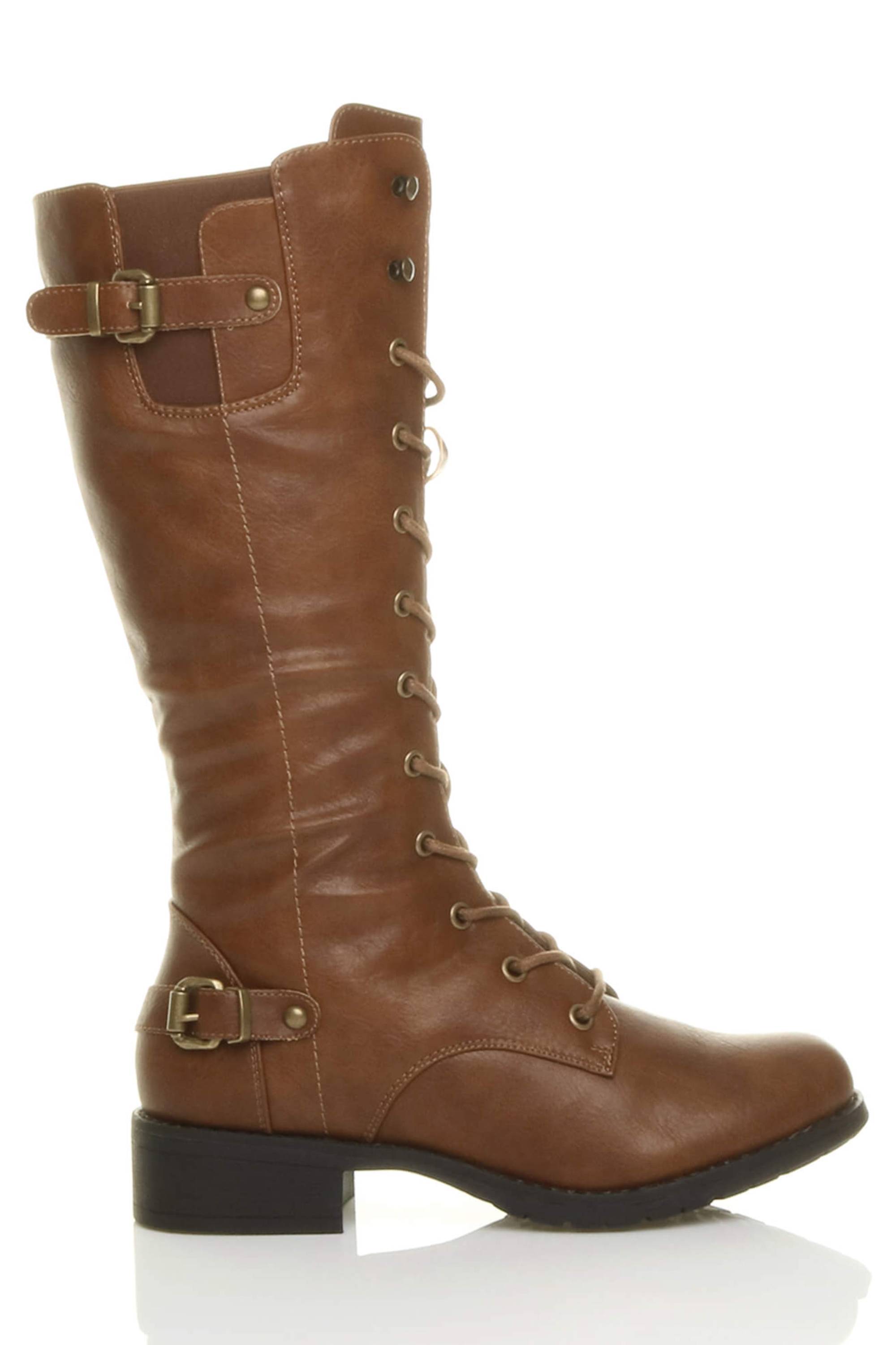 Tan Lace Up Calf Military Biker Boots, Image 2 of 6