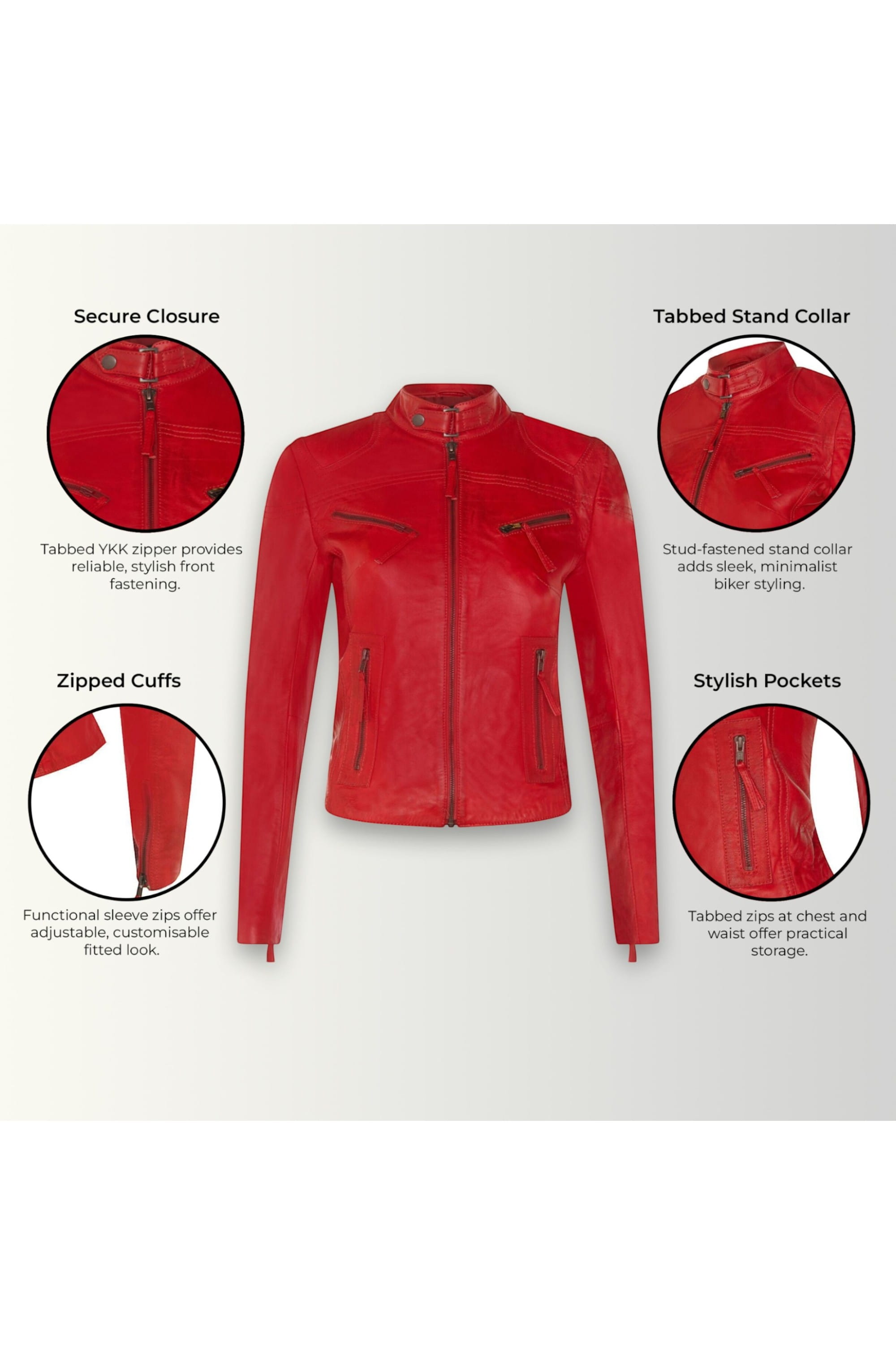 Red Slim-Fit Leather Biker Jacket-Tulsa, Image 3 of 7