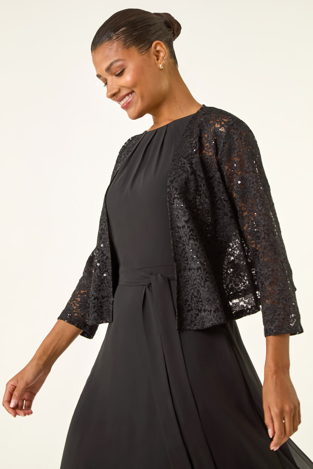 Roman Women's Black Glitter Sequin Lace Top Size 14