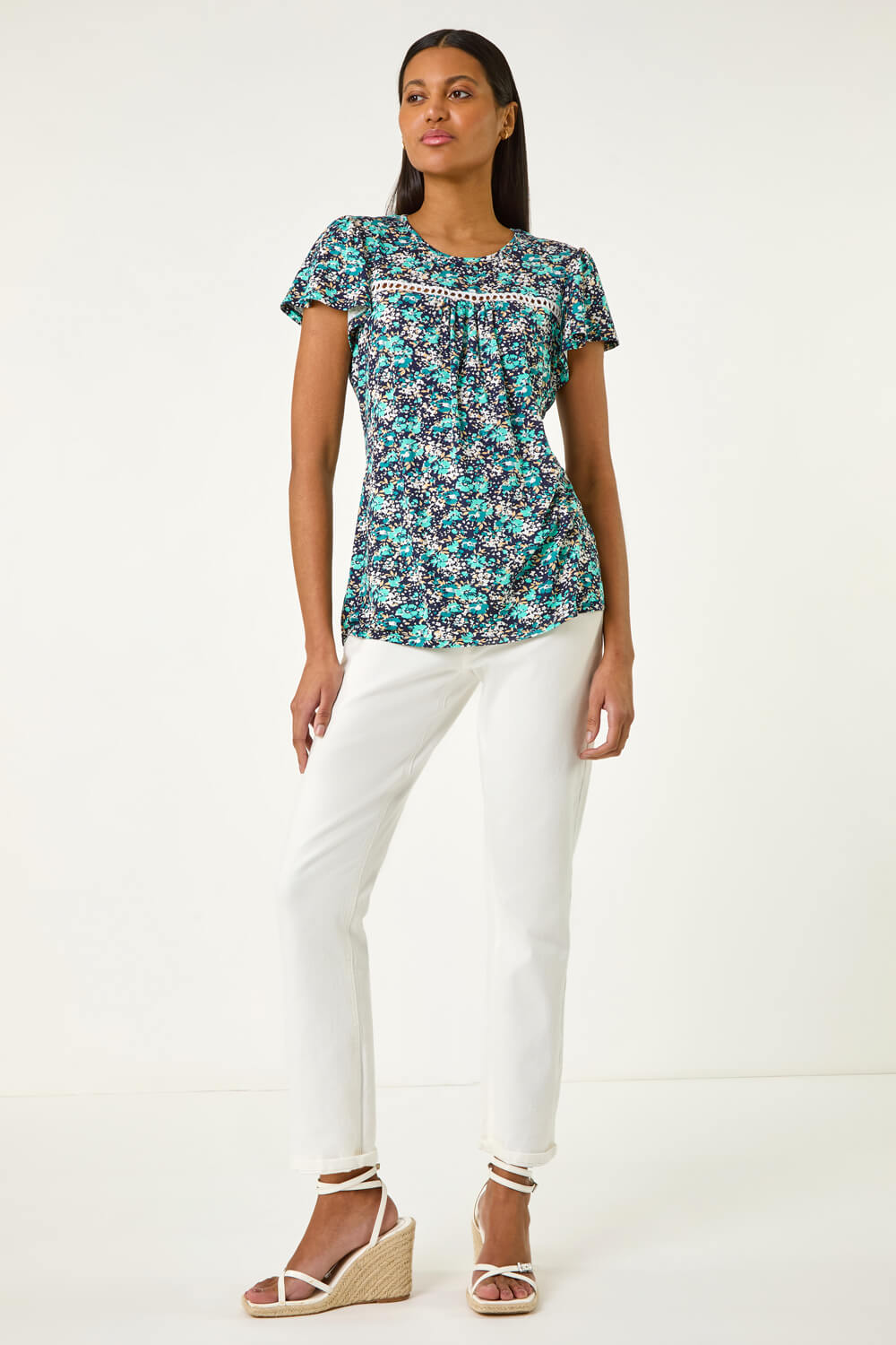 Navy Floral Print Ladder Trim Stretch Top, Image 3 of 5