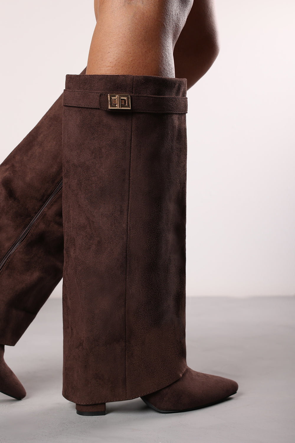 Brown Keira Fold Over Shark Block Heel Point Toe Boots, Image 5 of 5