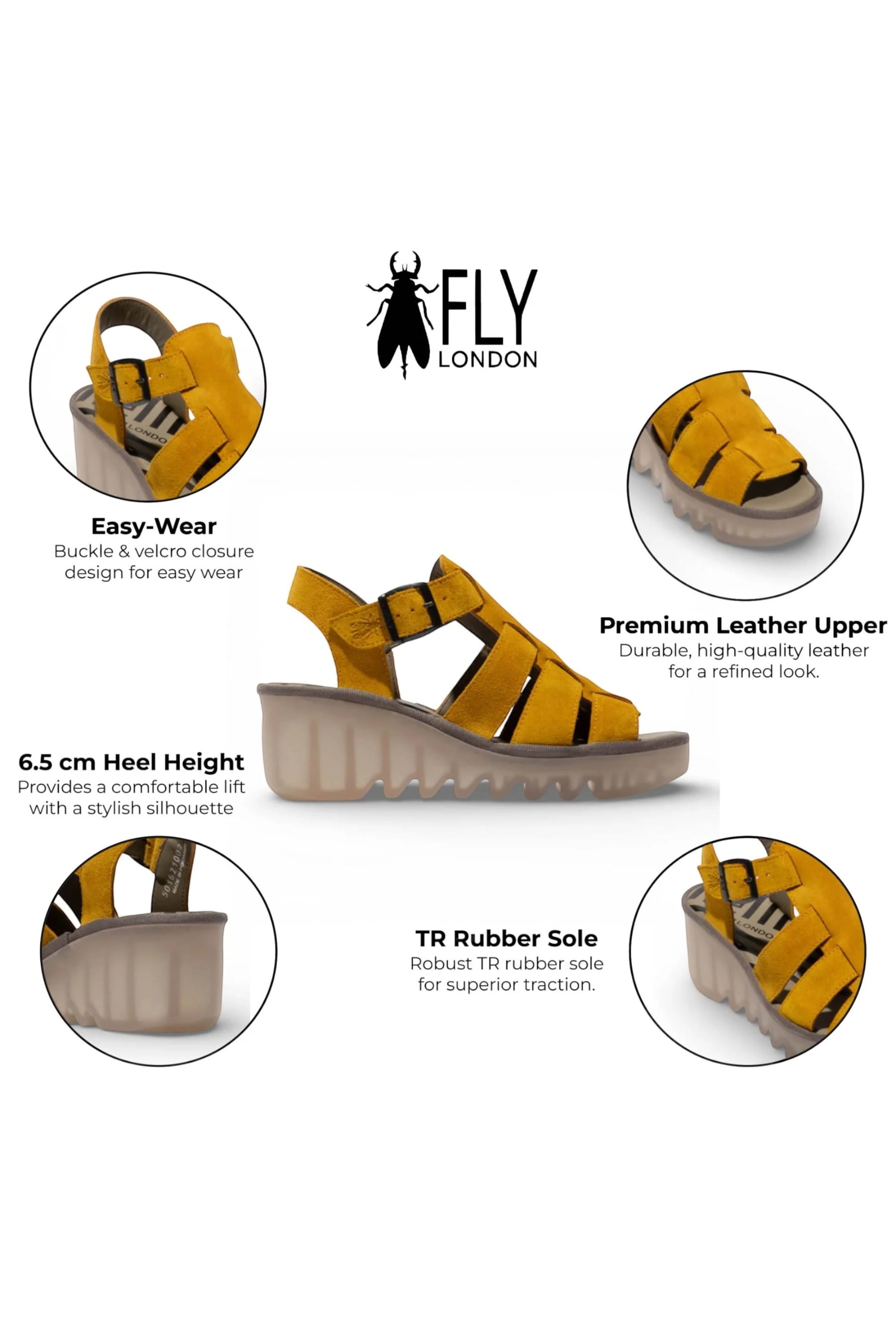 Yellow Womens Leather Wedge Sandals BAIC621FLY, Image 3 of 5