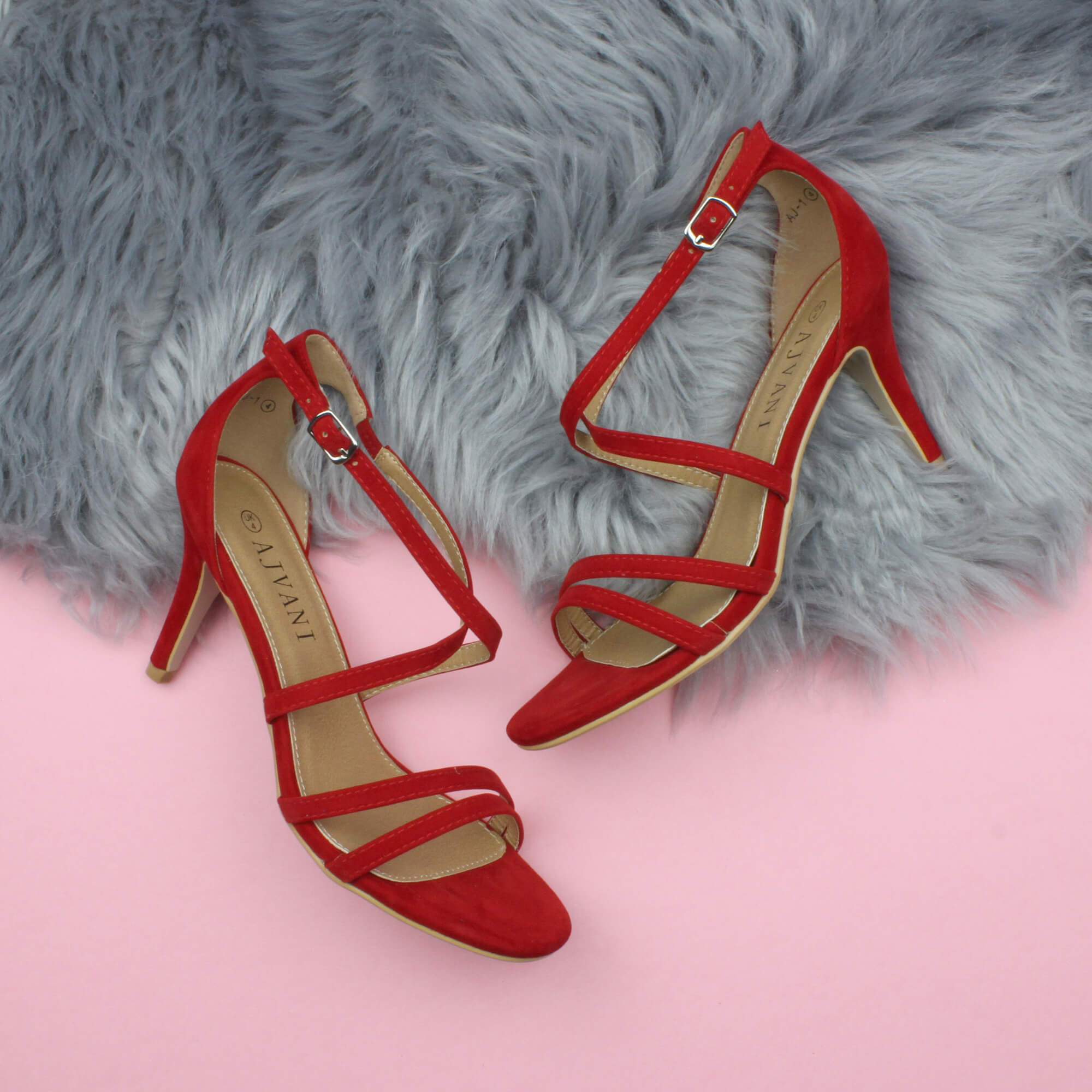 Red AJVANI Red High Heel Crossed Straps Buckle Strappy Sandals, Image 4 of 6