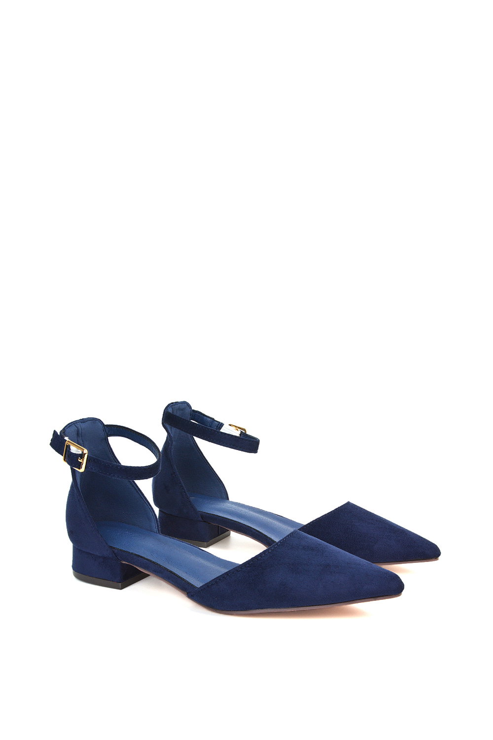 Navy XY LONDON Navy 'Jenny' Low Heel Flat Pointed Toe Ankle Strap Court Shoes, Image 3 of 5
