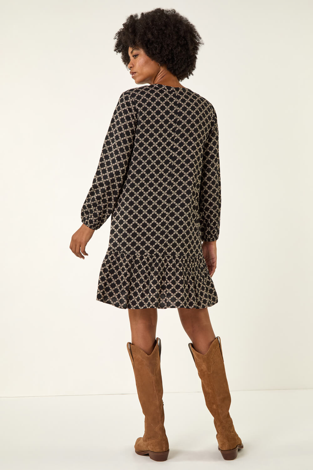 Black Geo Print Pintuck Smock Dress, Image 4 of 5