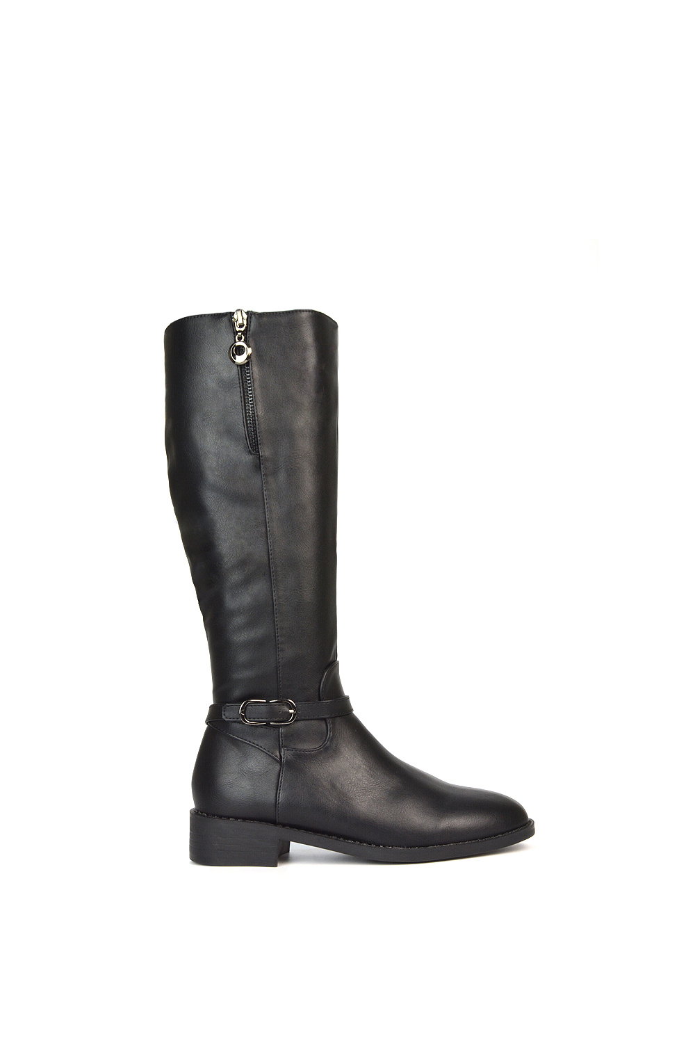Black 'Georgina' Knee High Boots Low Heel Zip Up Calf Riding Biker With Ankle Strap