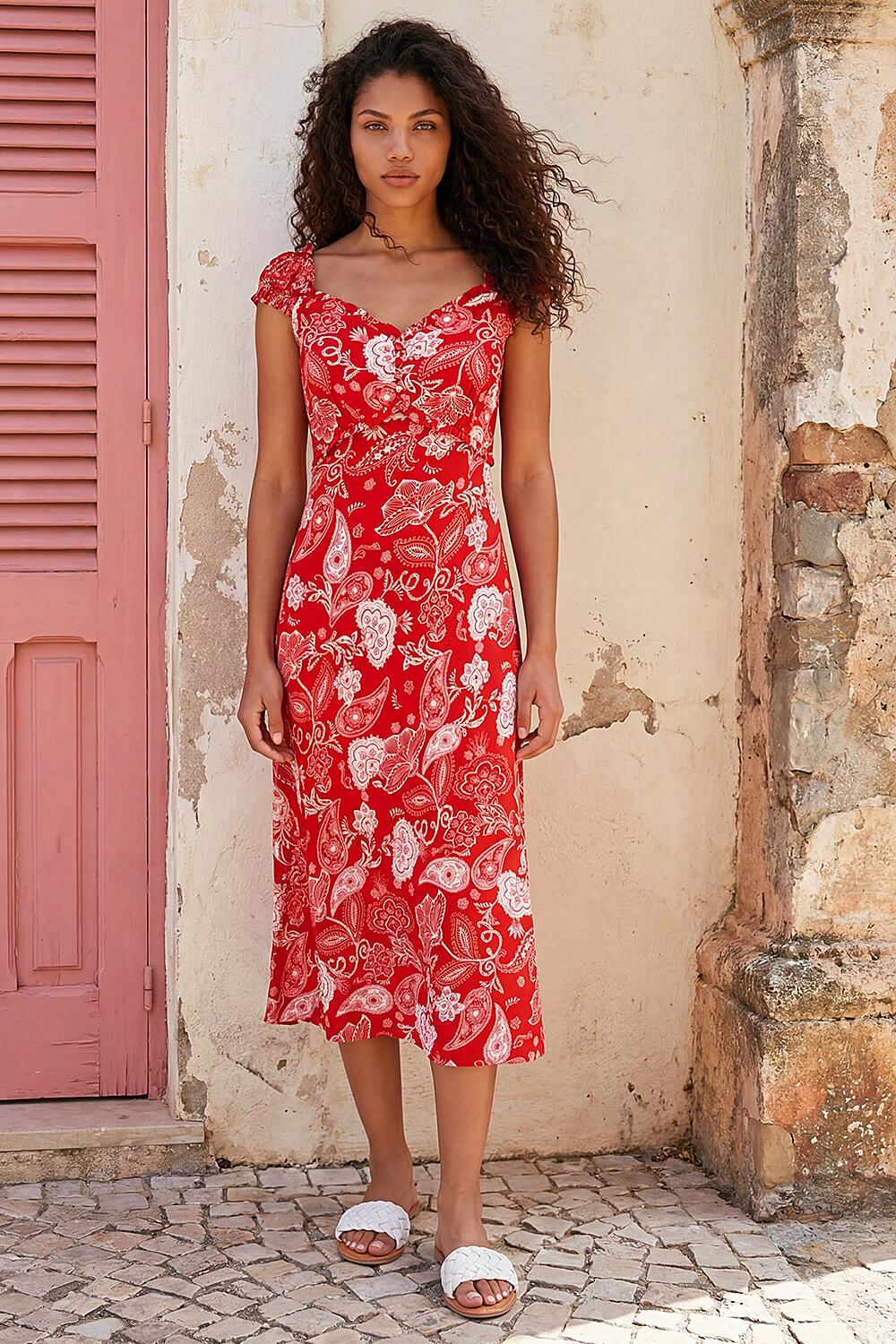 Red Petite Paisley Midi Dress, Image 3 of 4