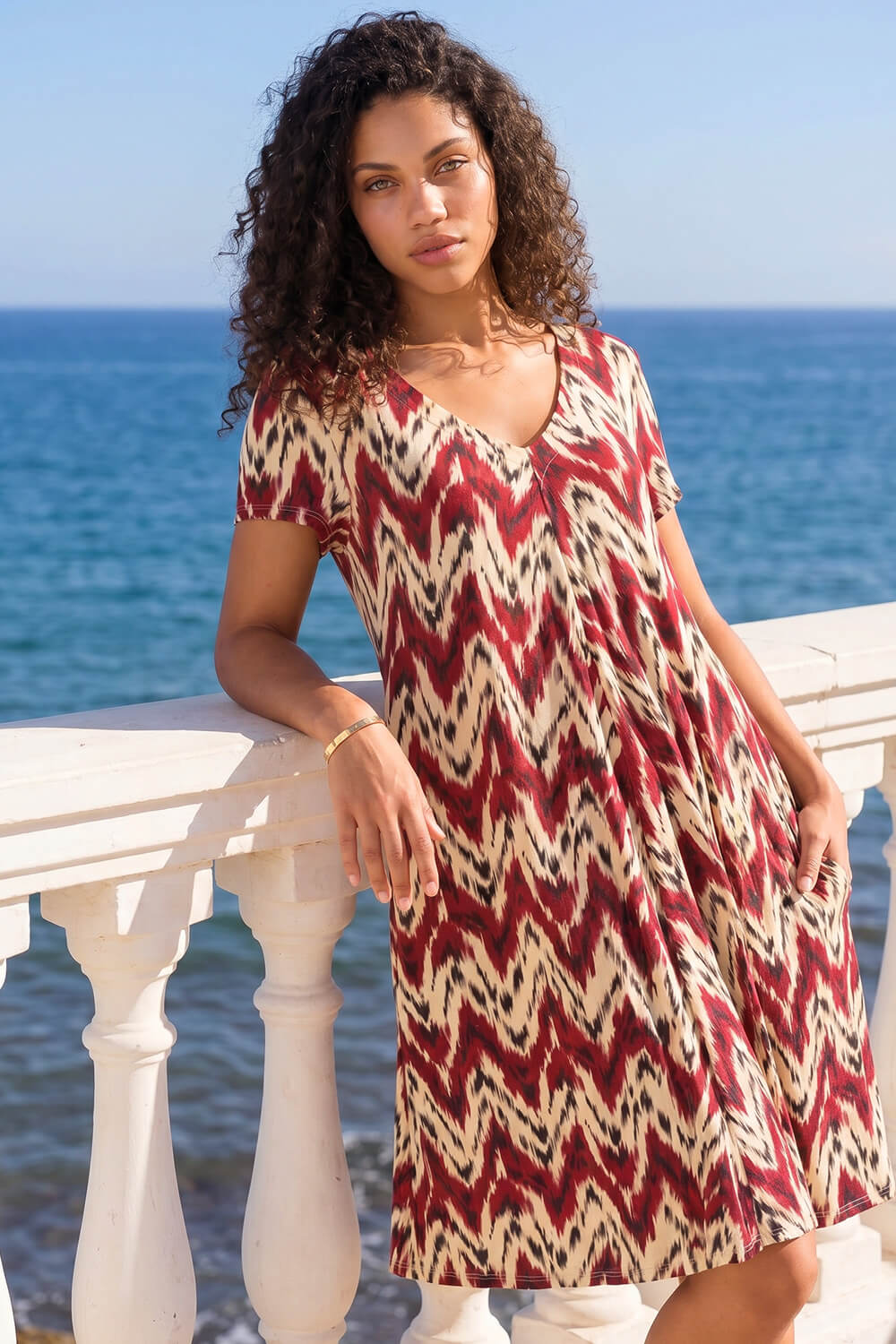 Rust Petite Abstract Print Swing Stretch Dress, Image 1 of 4