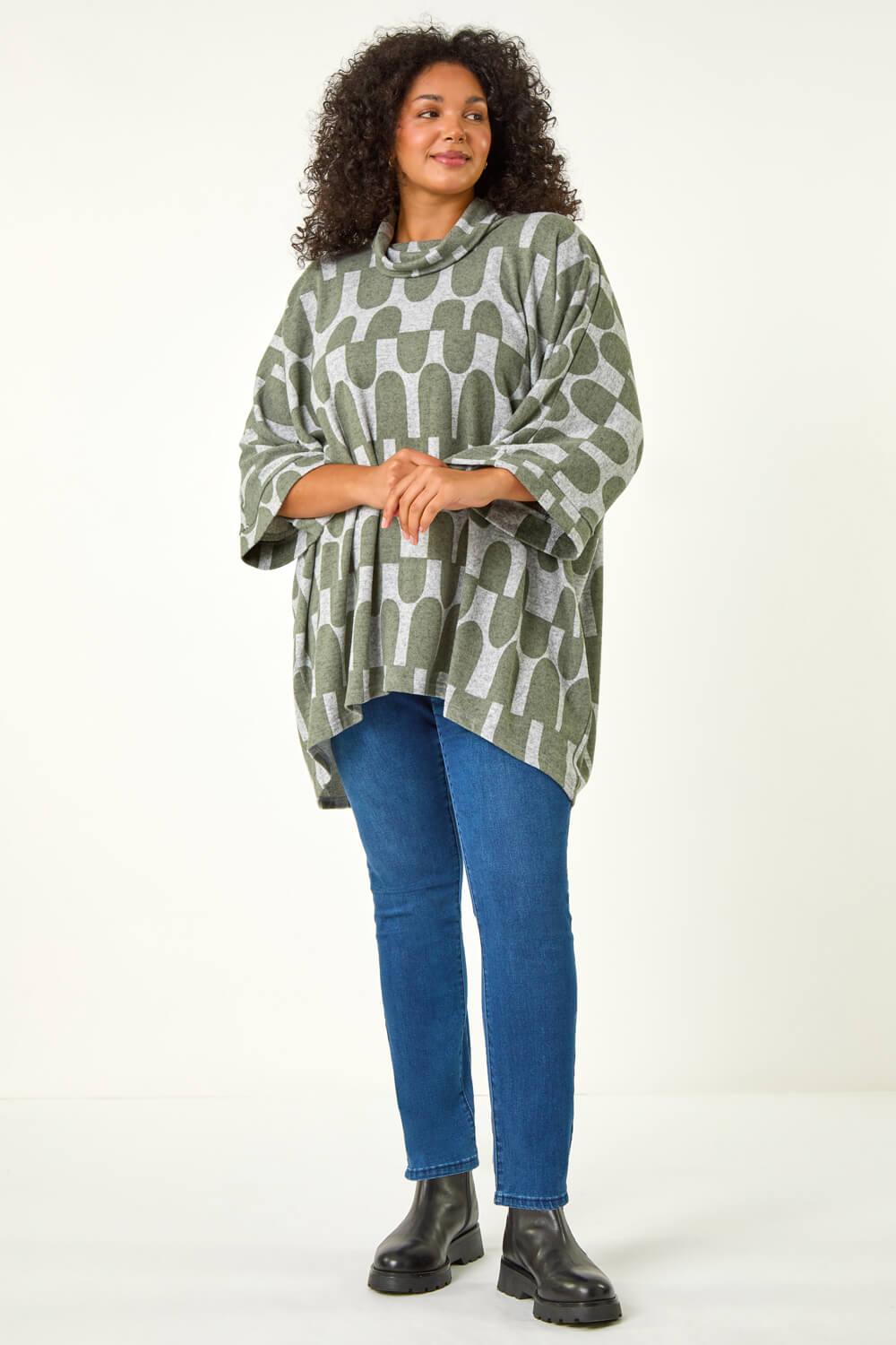 KHAKI Curve Geometric Print Roll Neck Top, Image 3 of 5