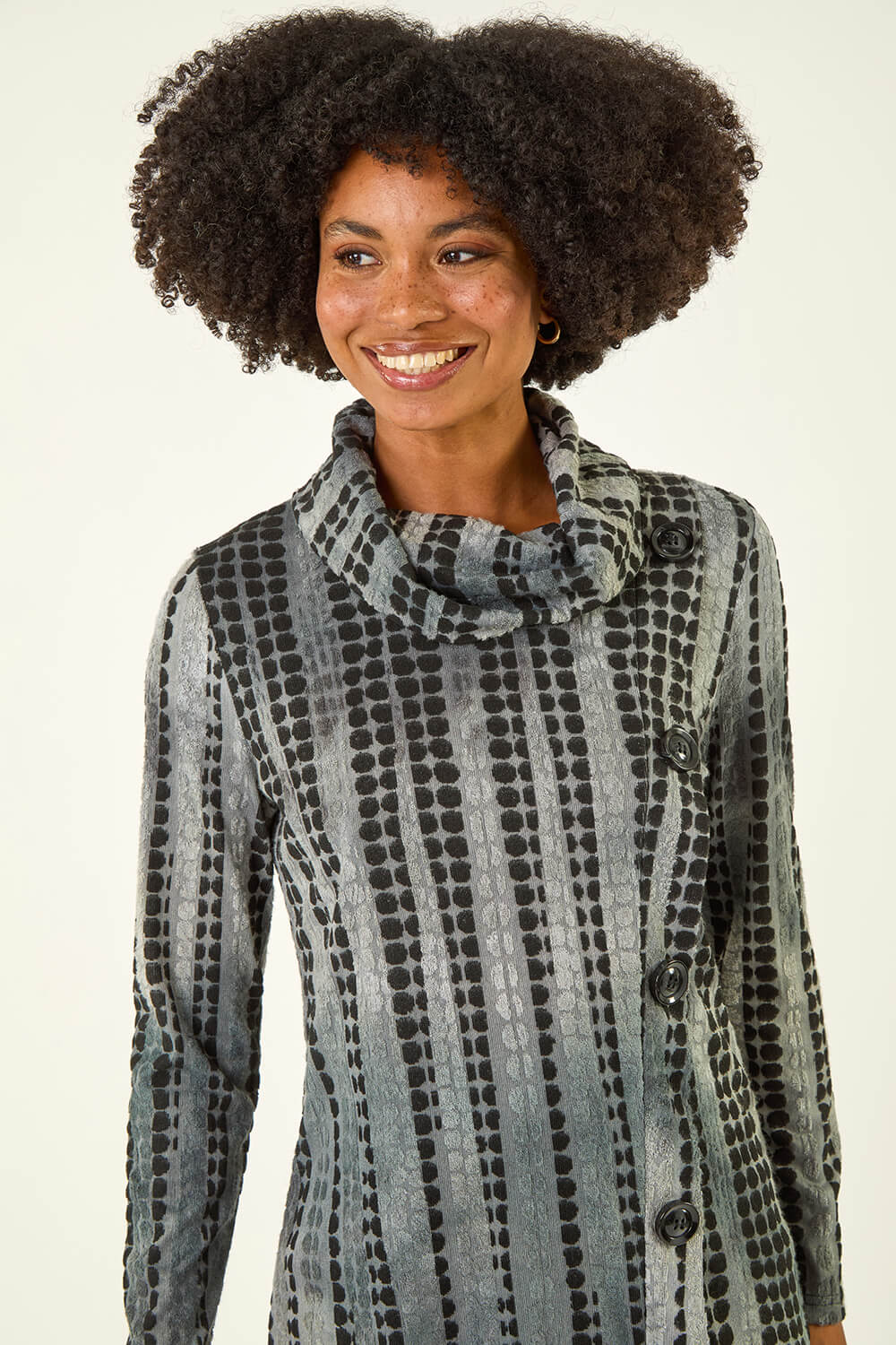 Grey Cowl Neck Buttoned Top, Image 5 of 5