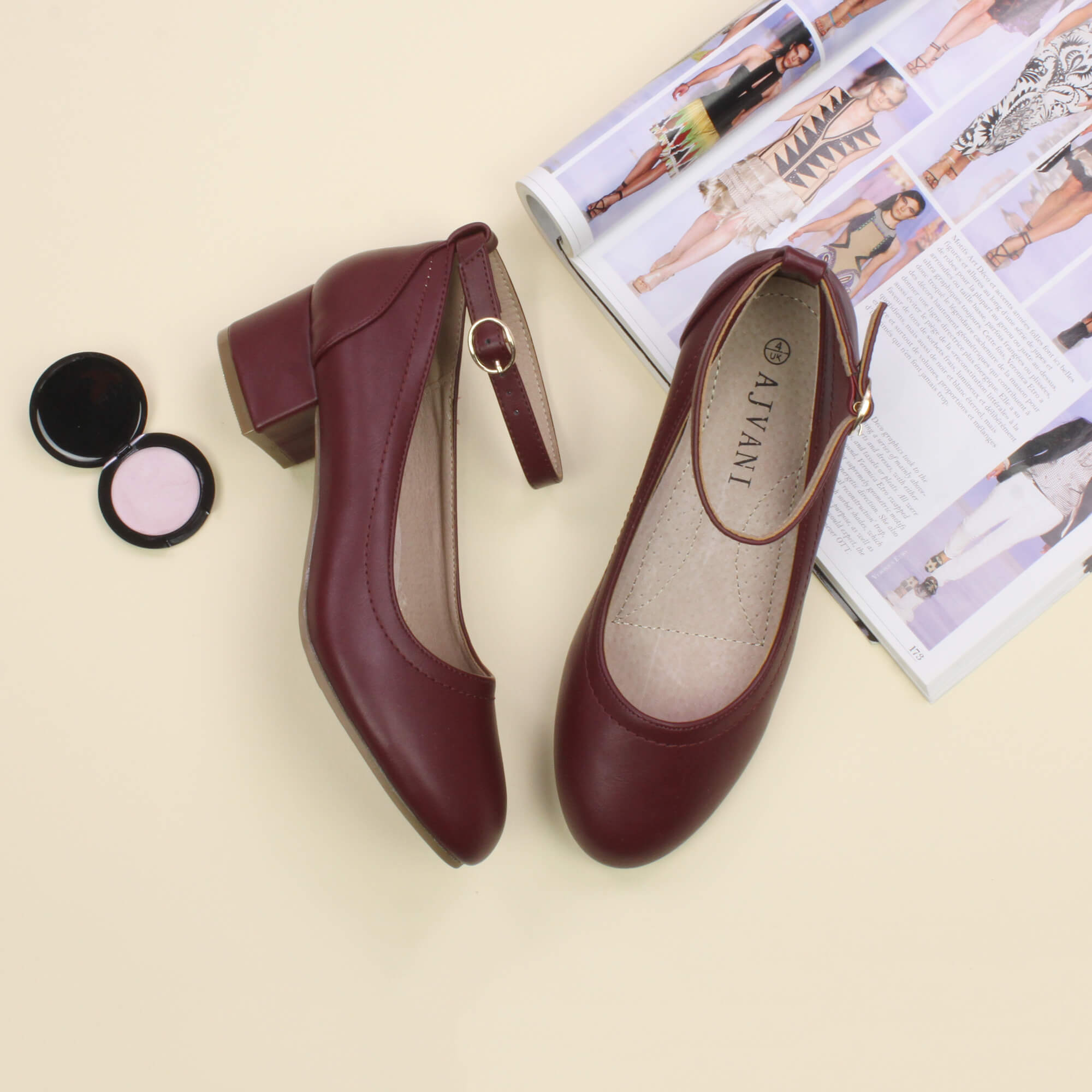 Burgundy Low Block Heel Ankle Strap Court Shoes, Image 4 of 6