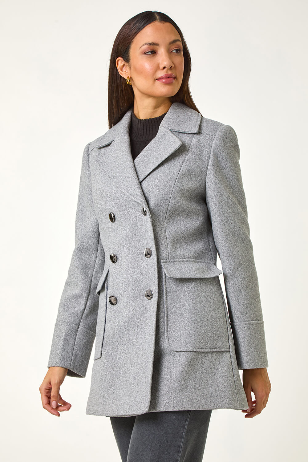 Charcoal Grey Double Breasted Longline Coat, Image 5 of 5