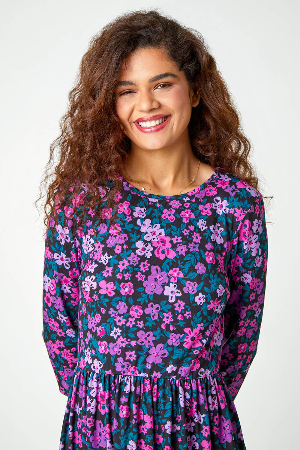 Purple Floral Print Midi Stretch Dress, Image 5 of 5