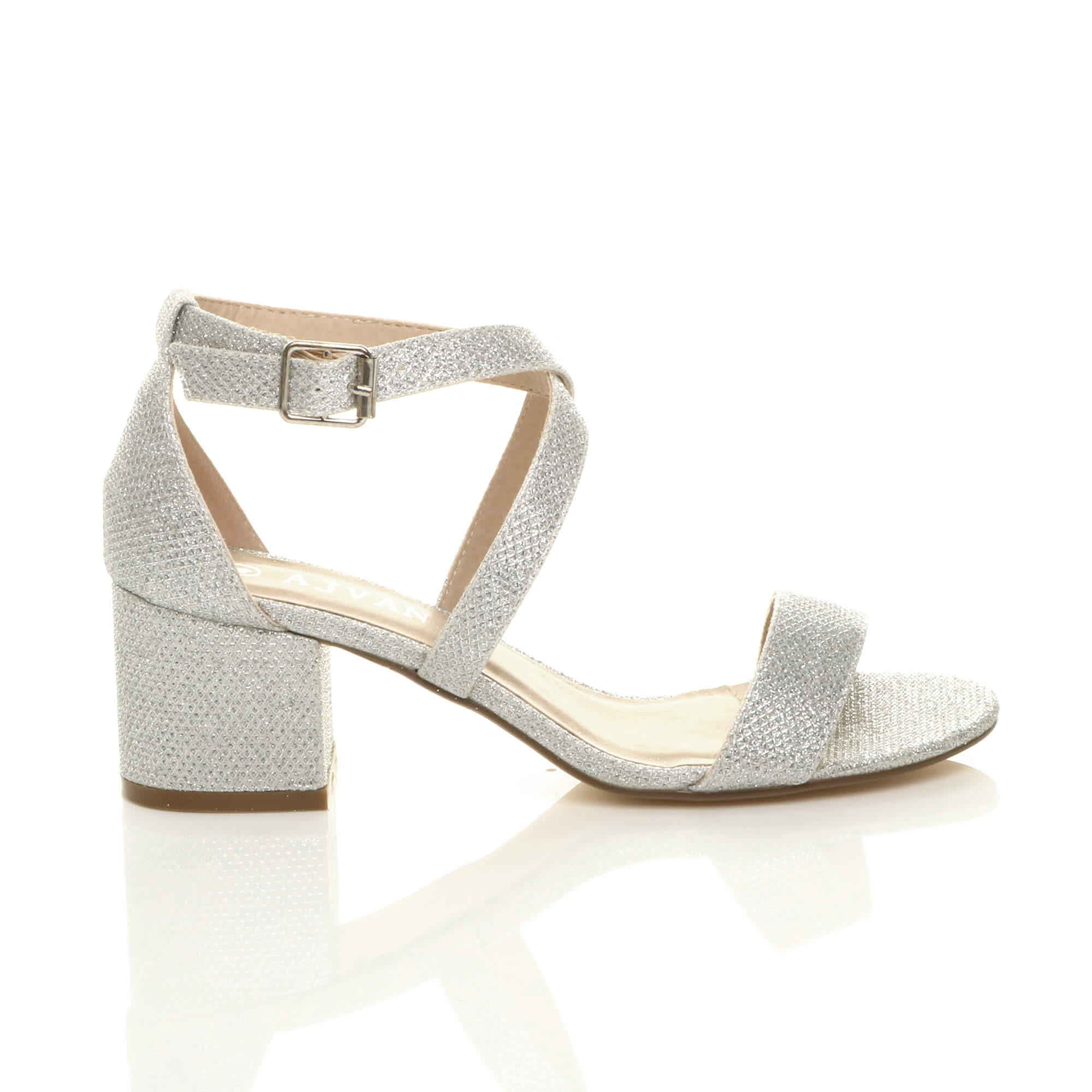 Silver AJVANI Silver Mid Block Heel Crossed Straps Sandals, Image 2 of 6