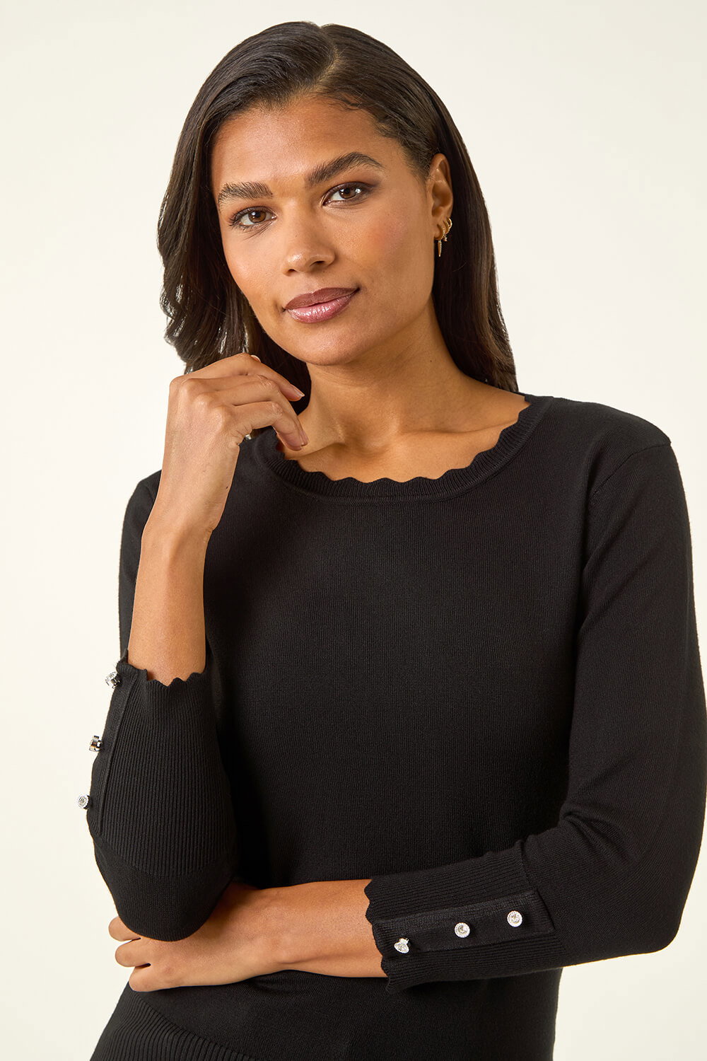 Black Sparkly Diamante Button Scallop Edge Jumper, Image 6 of 5