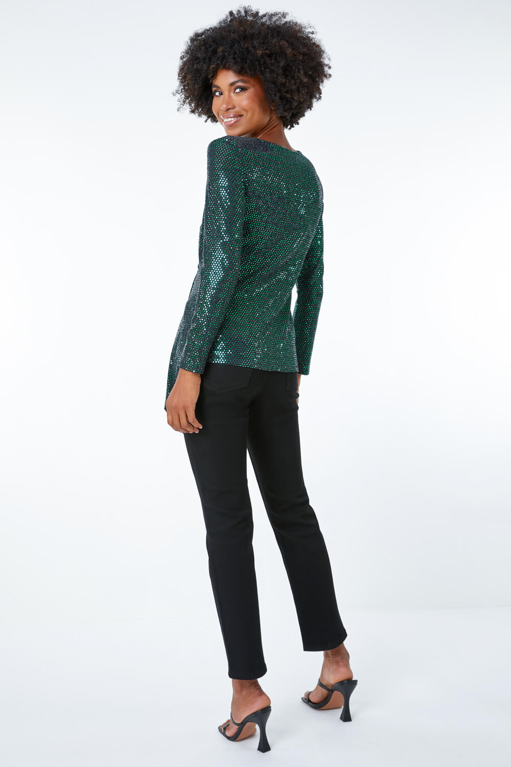 Green Sequin Ruched Waist Jersey Top, Image 4 of 5