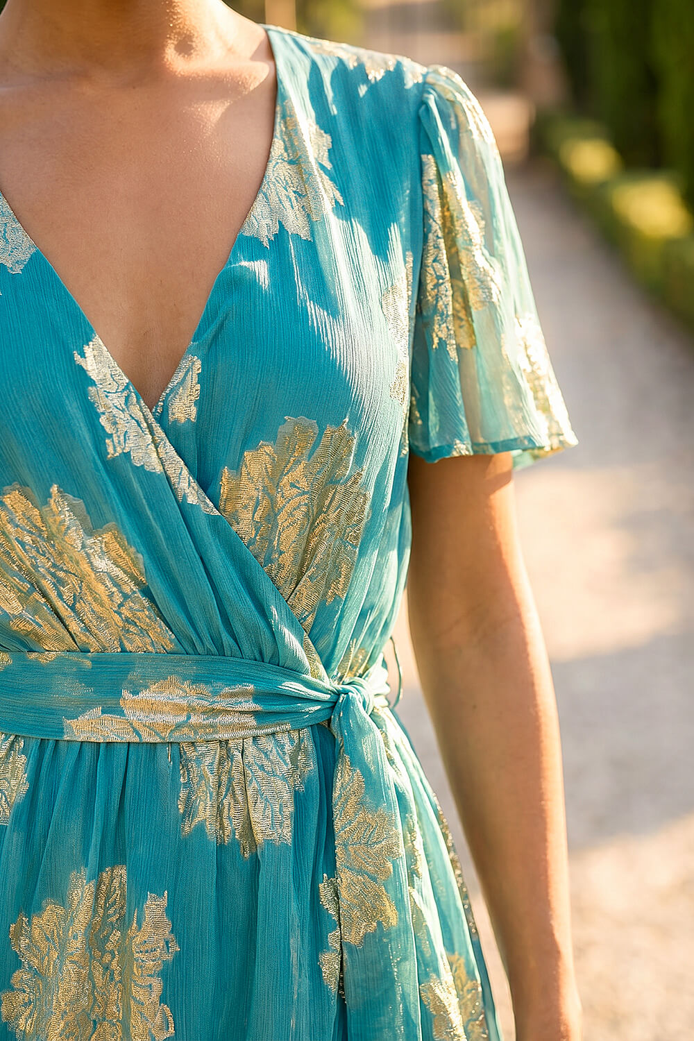 Blue Jacquard Midi Wrap Dress, Image 5 of 4