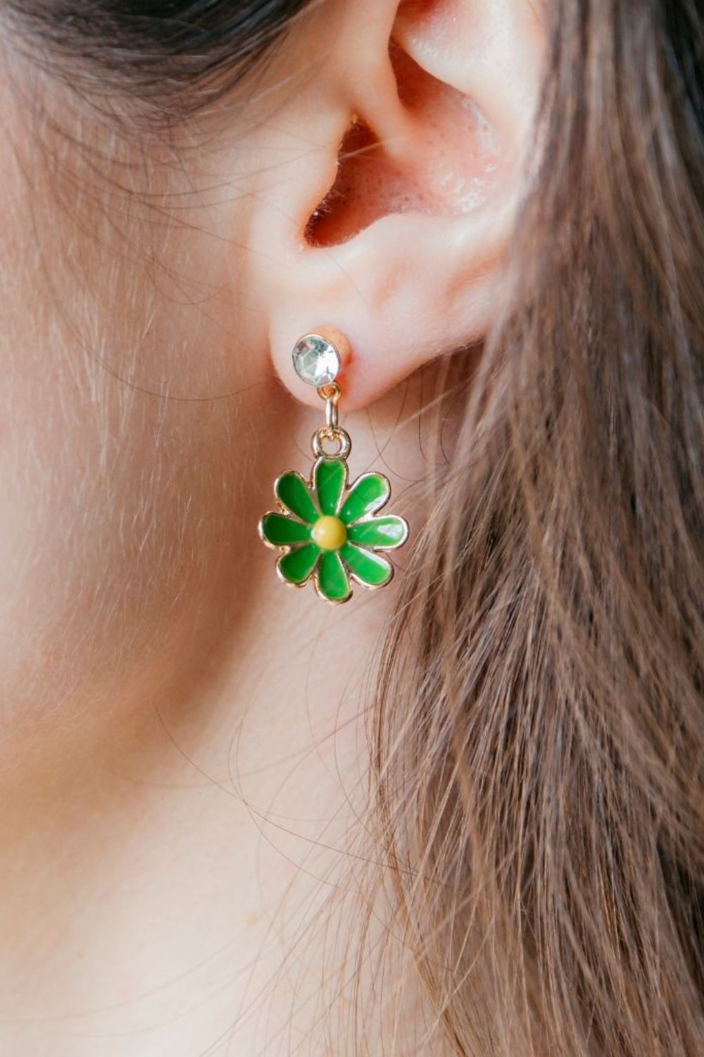 Green Daisy Zircon Dangle Stud Earrings, Image 1 of 3