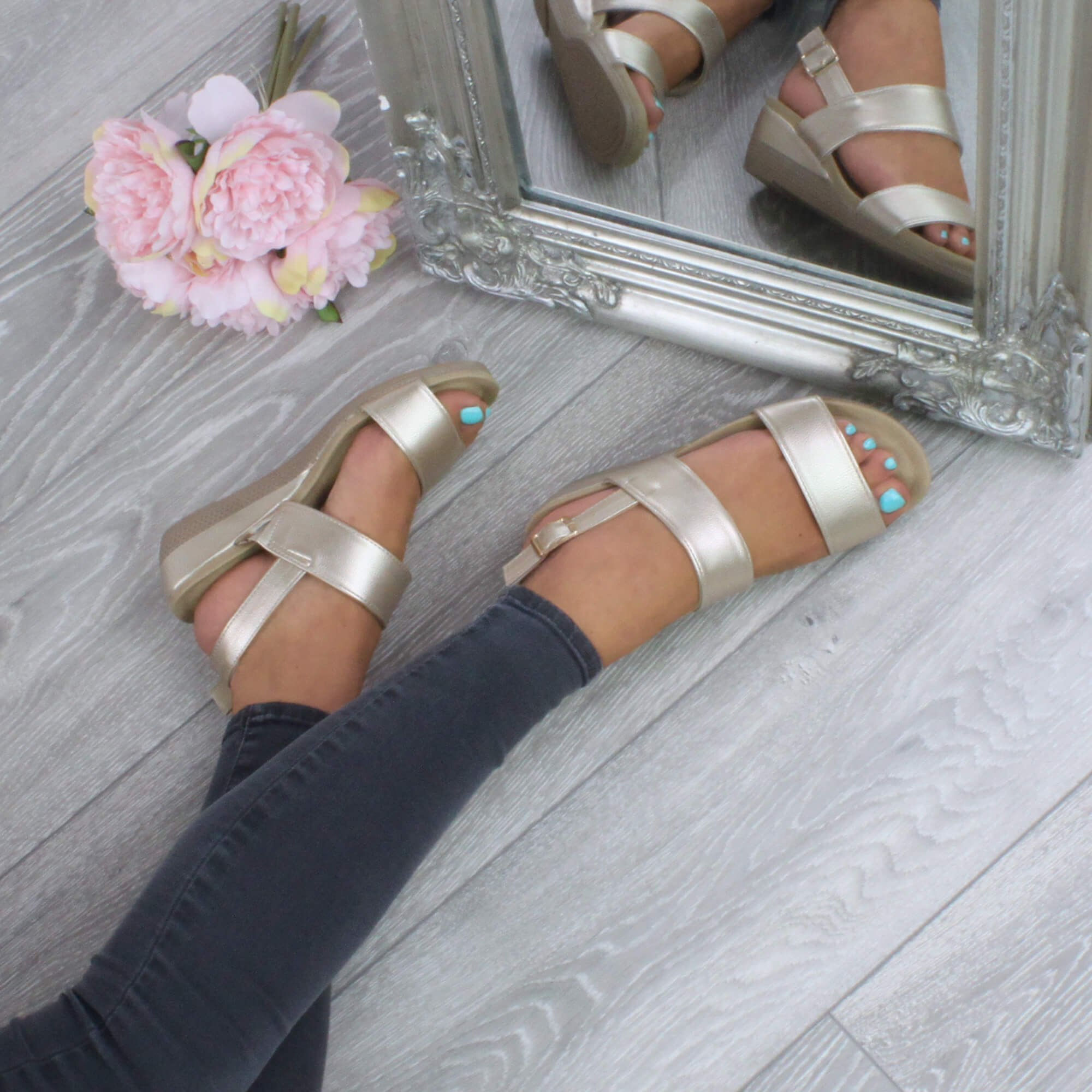 Gold AJVANI Gold Mid Wedge Heel Strappy Slingback Sandals, Image 5 of 6