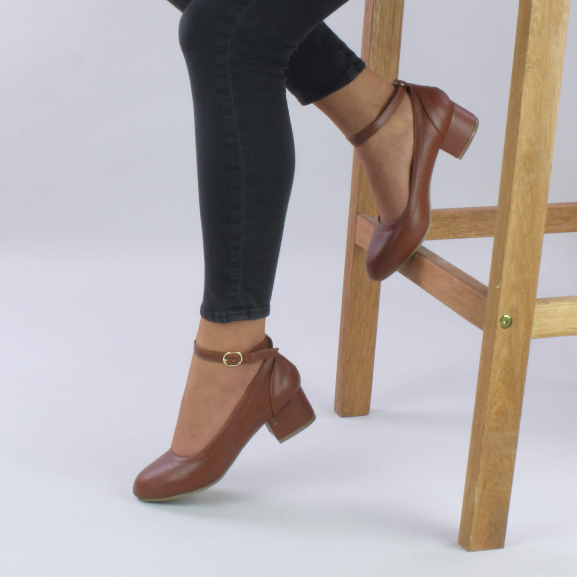 Tan AJVANI Tan Low Block Heel Ankle Strap Court Shoes, Image 5 of 6