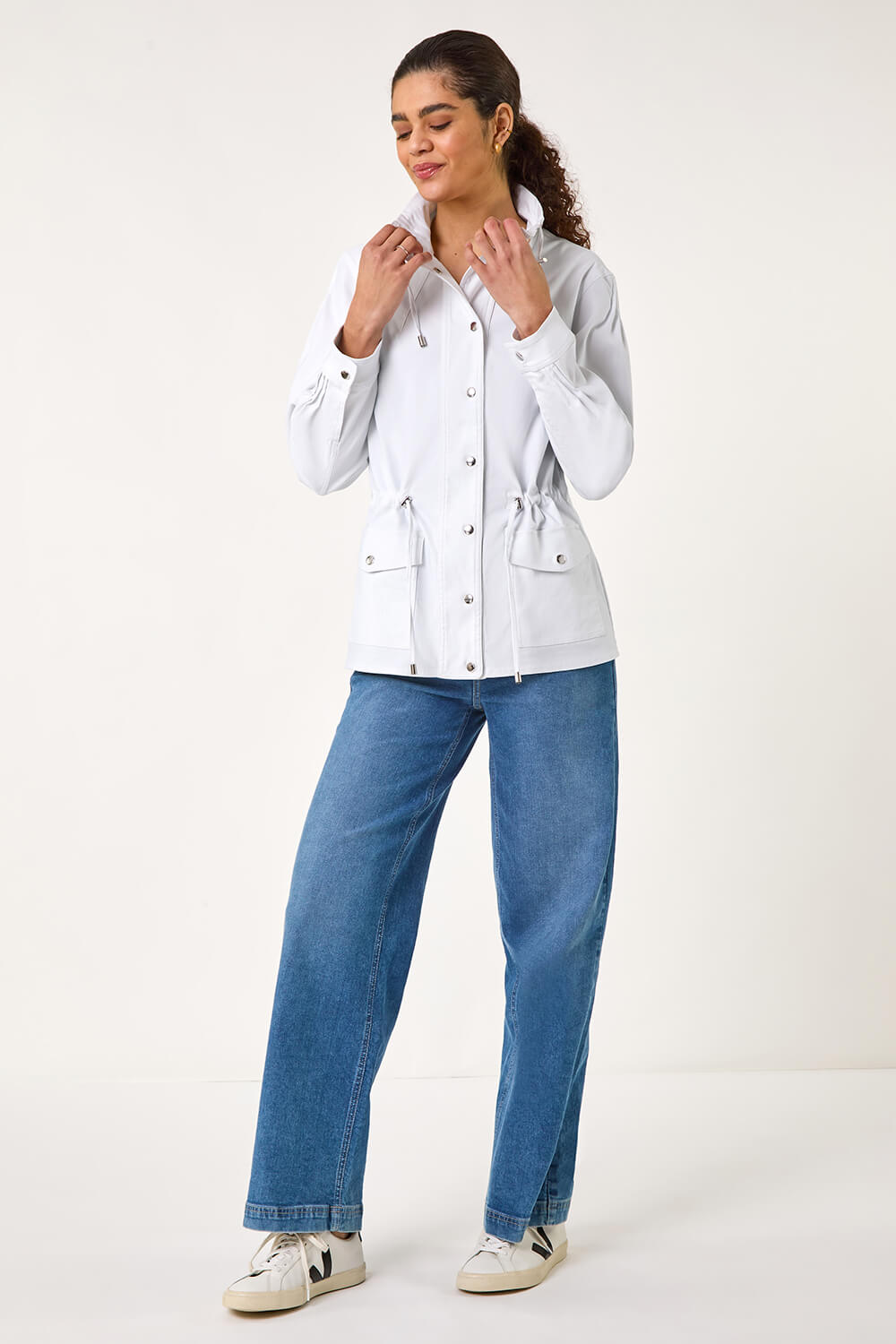 White Buttoned Stretch Safari Jacket, Image 7 of 7