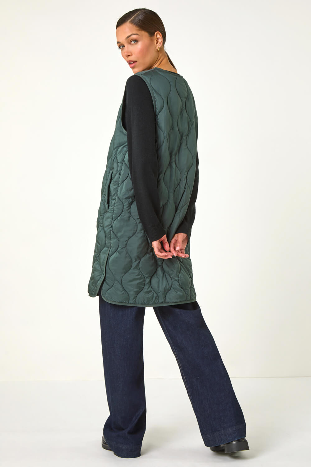 Forest Green Quilted Collarless Button Detail Gilet, Image 4 of 6
