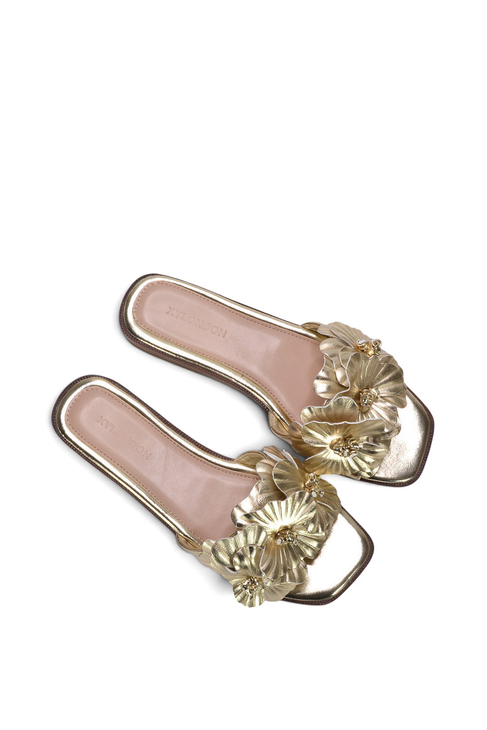 Gold XY LONDON Gold Flat Slip On Slider Sandals With Floral Detail, Image 6 of 6