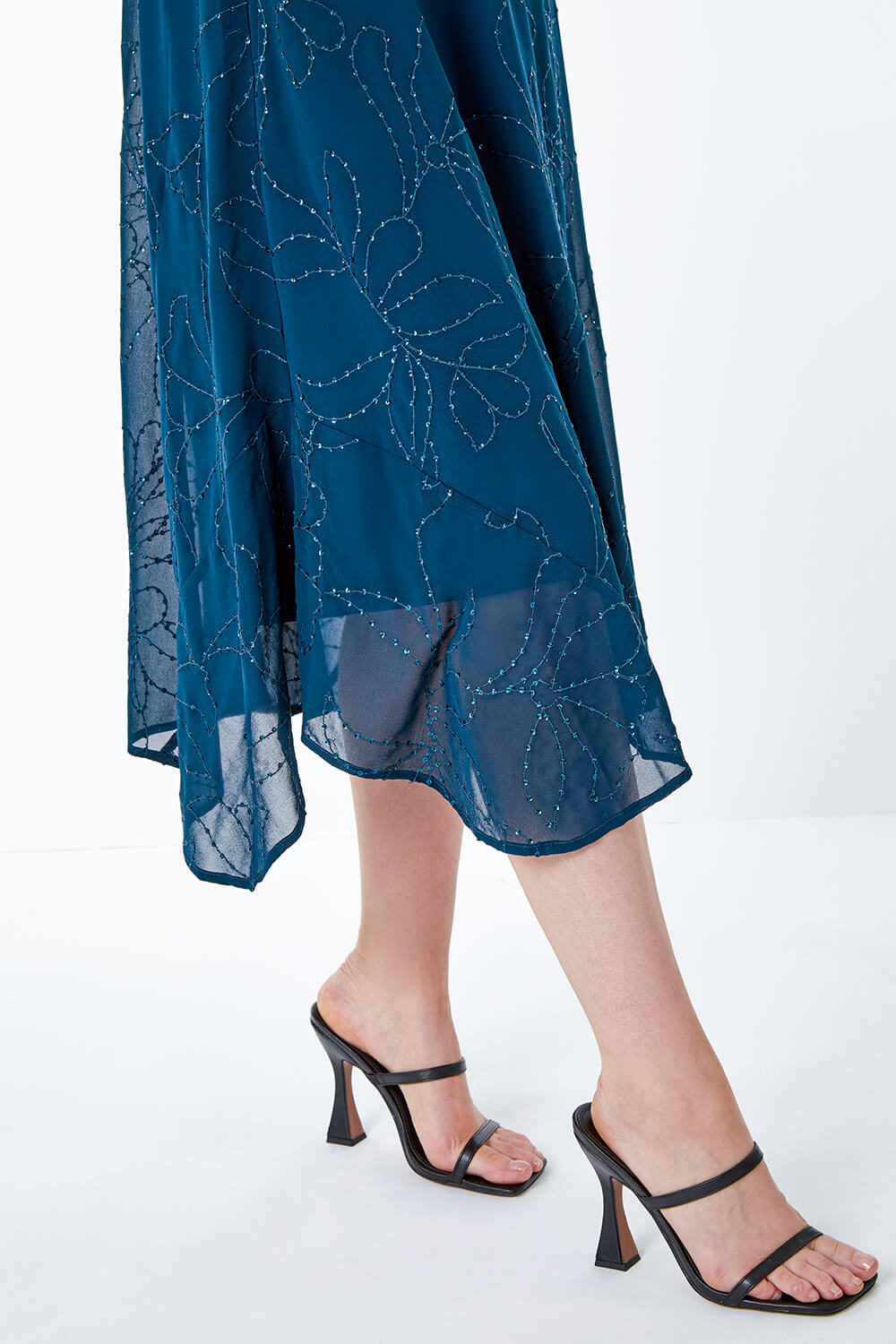Teal Embroidered Sequin Chiffon Hanky Hem Dress, Image 6 of 5