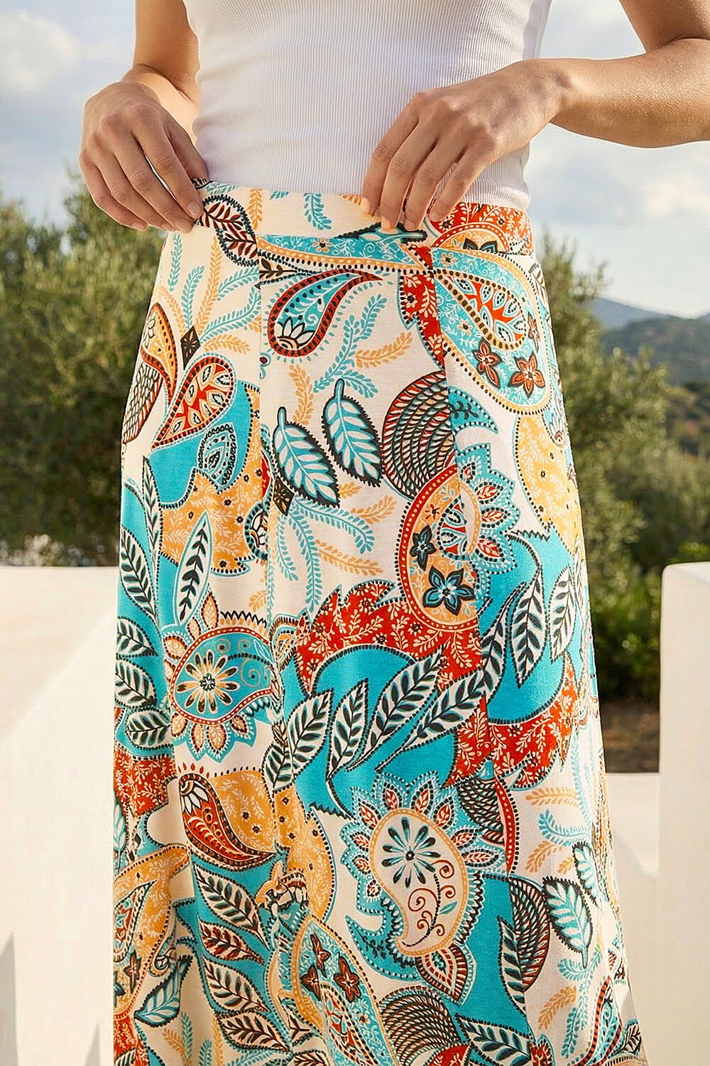 Light Blue  Paisley Print Midi Skirt, Image 5 of 4