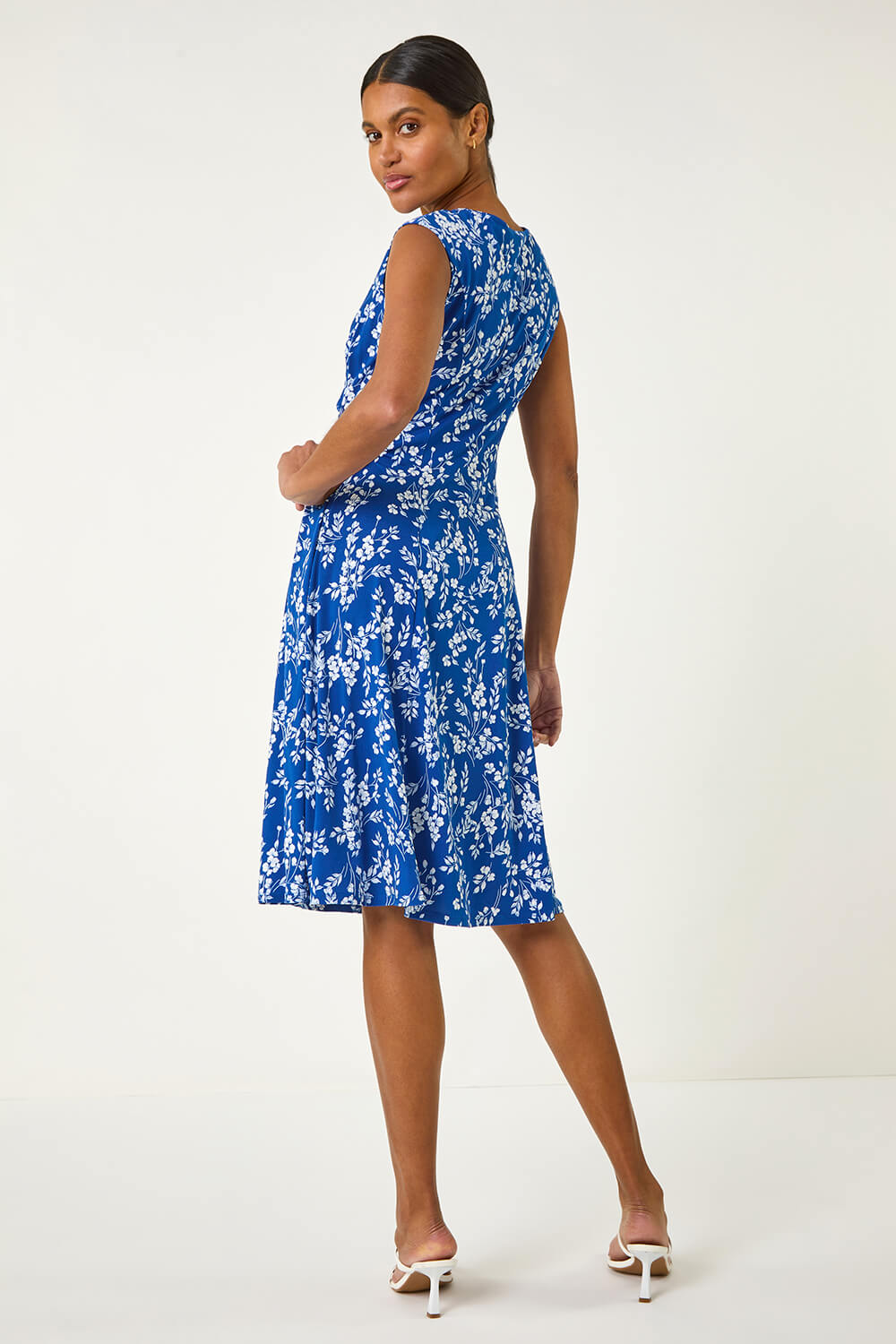 Royal Blue Floral Print Gathered Side Midi Dress, Image 4 of 5