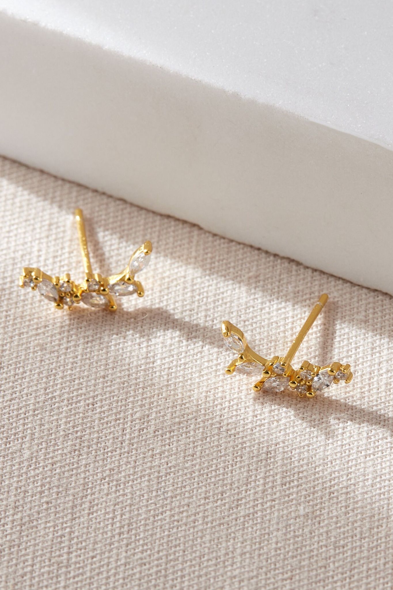 Gold Sterling Silver CZ Leaf Studs, Image 2 of 2