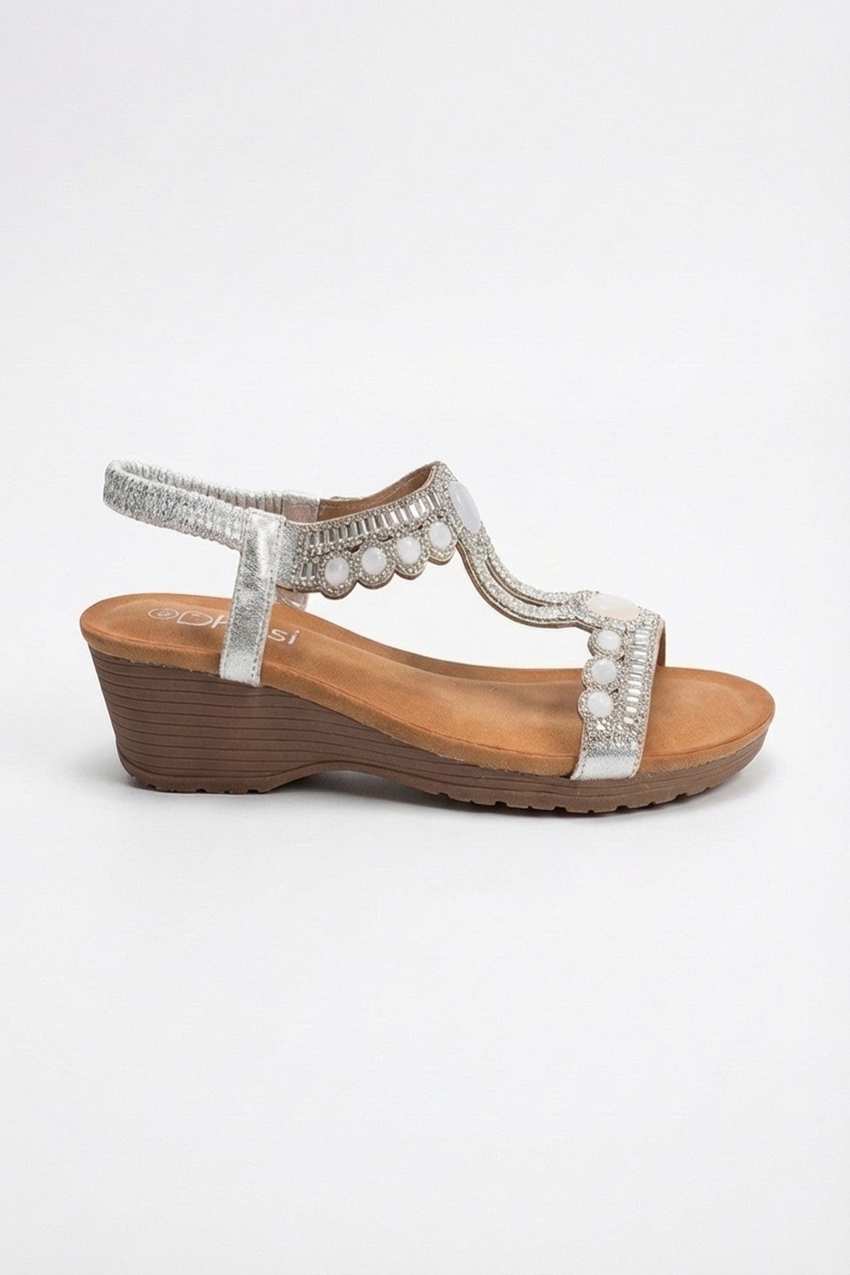 Silver Emma Womens Embellished T-bar Wedge Sandals, Image 4 of 8