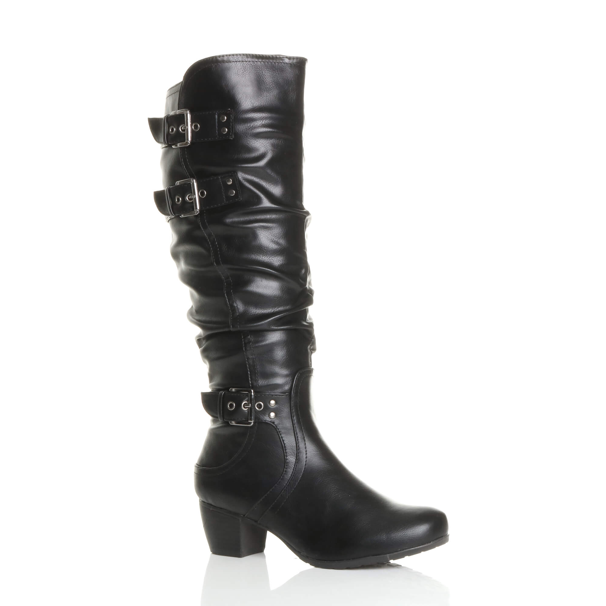 Black Low Cuban Heel Ruched Slouch Calf Boots