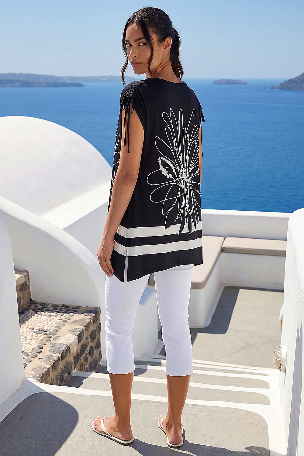 Black Floral Print Stretch Tunic Top, Image 4 of 4