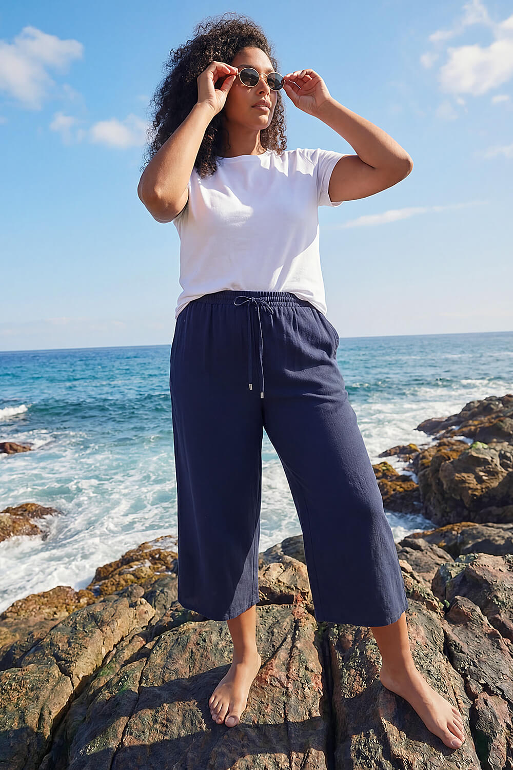 Navy Curve Linen Blend Cropped Trousers, Image 1 of 4