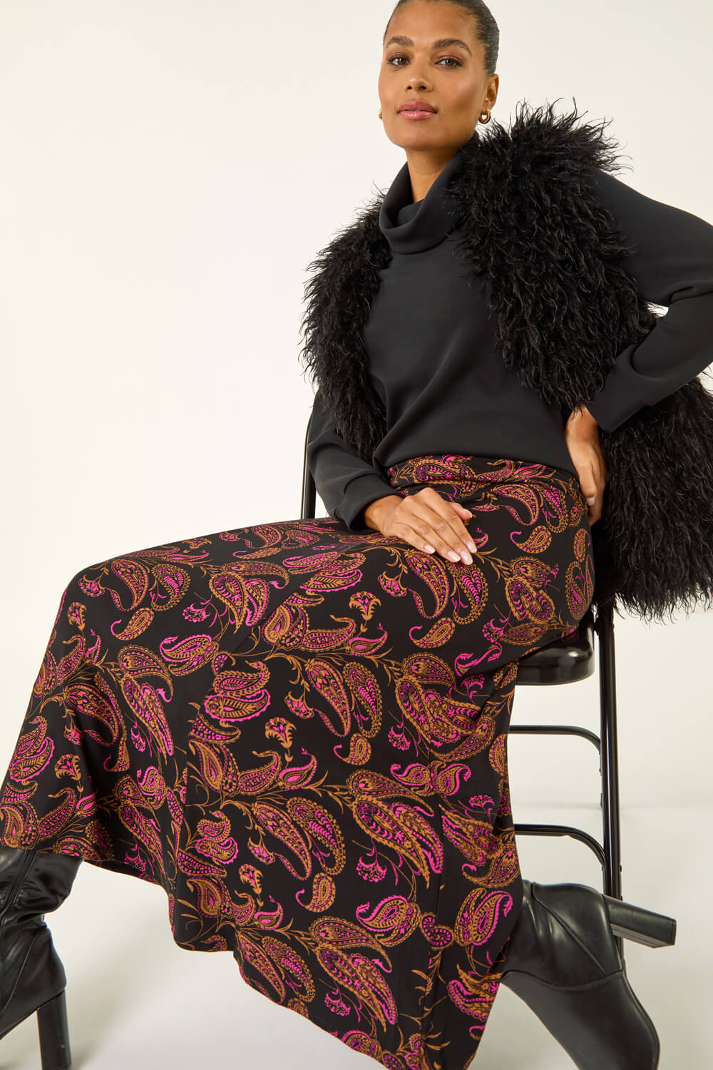 Pink Paisley Print Midi Stretch Skirt, Image 3 of 5