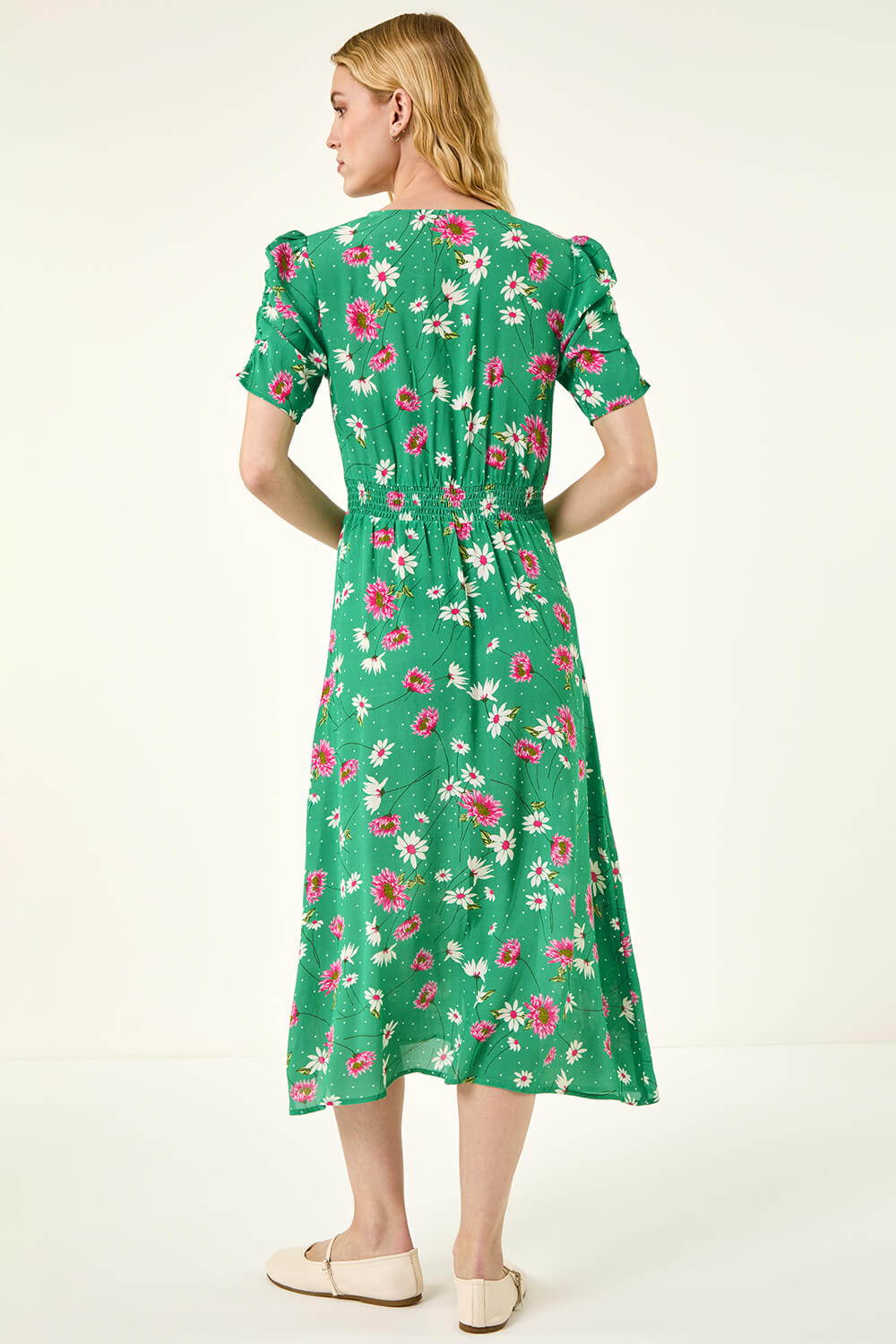Green Floral Ruched Sleeve Dress, Image 5 of 5