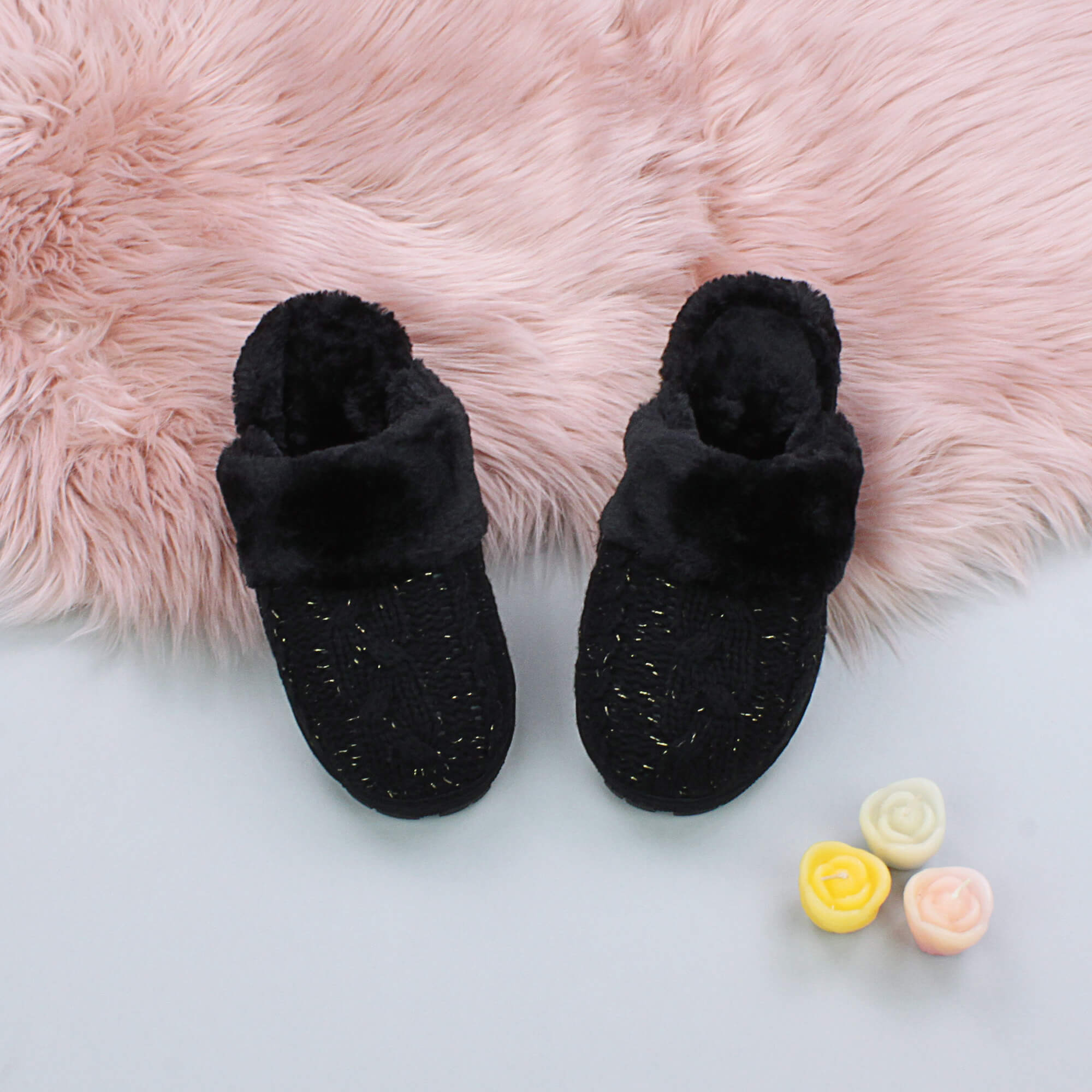 Black AJVANI Black Glitter Knitted Mules Slippers, Image 3 of 5