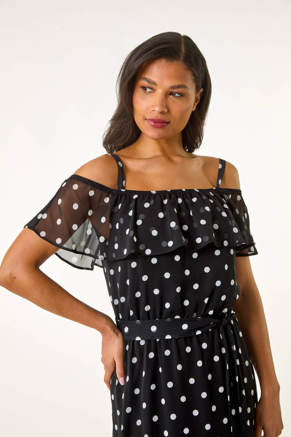 Black Polka Dot Bardot Midi Dress, Image 5 of 5