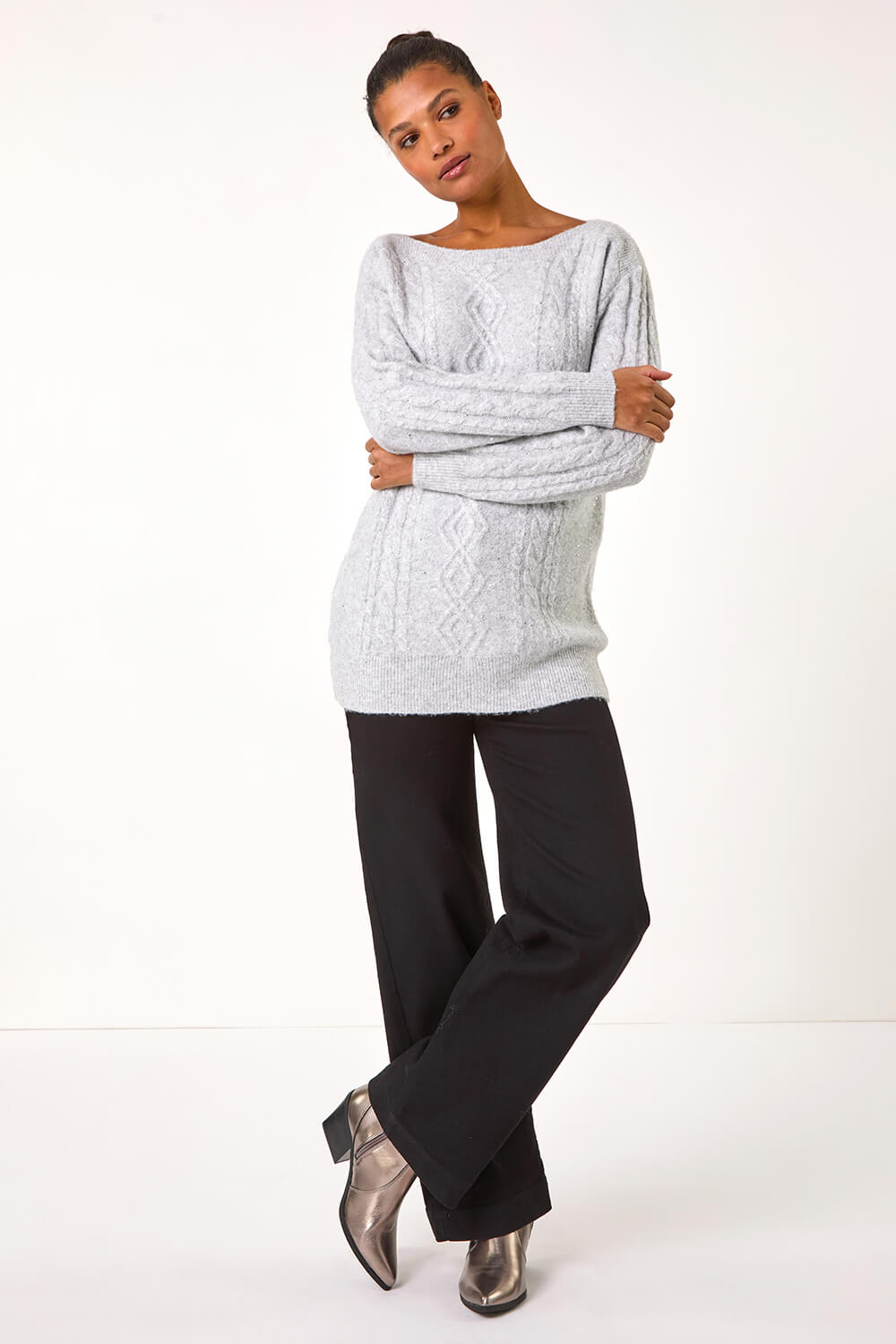Grey Sparkly Cable Knit Jumper, Image 4 of 5