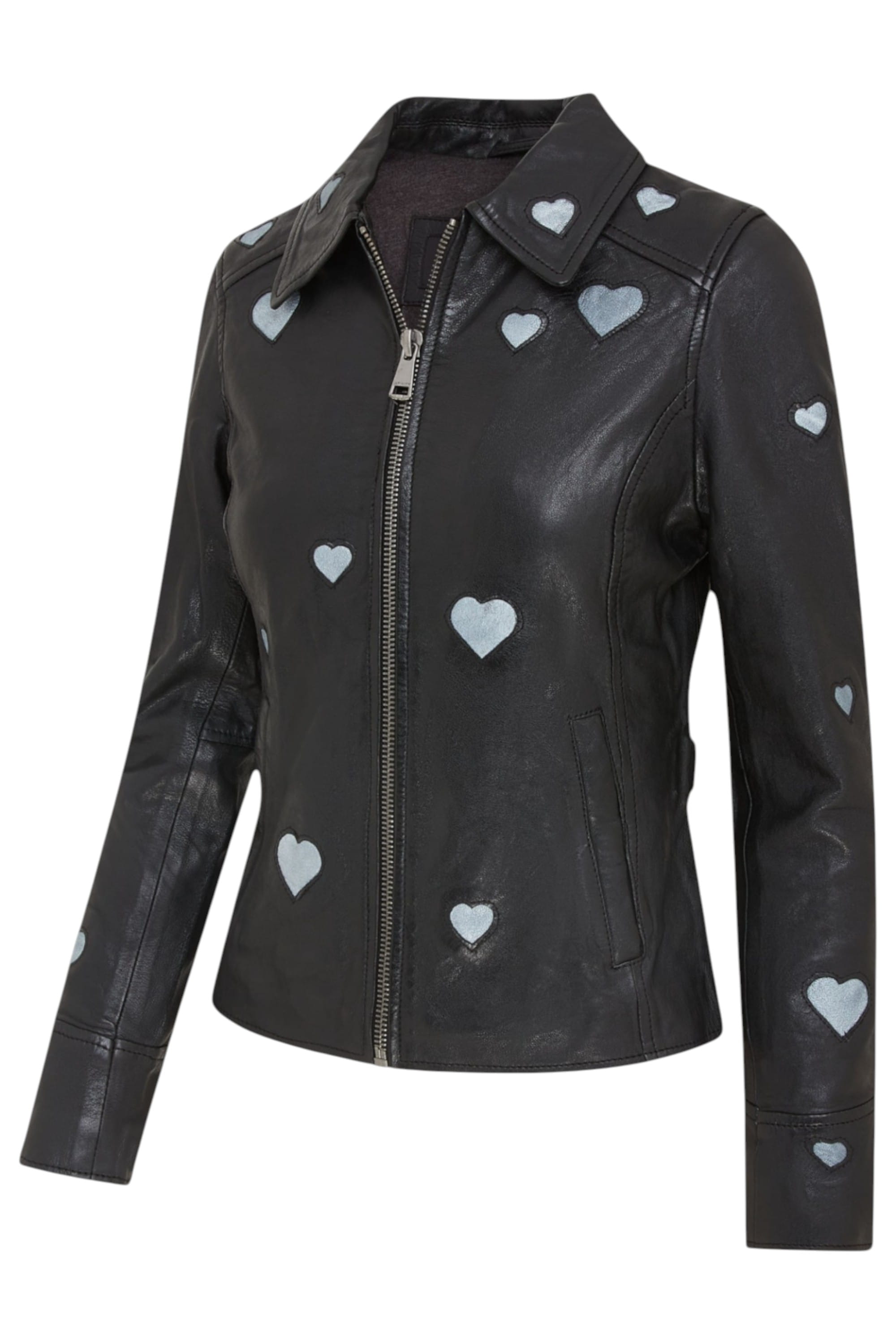 Charcoal Leather Hearts Biker Jacket - Wynyard, Image 4 of 6