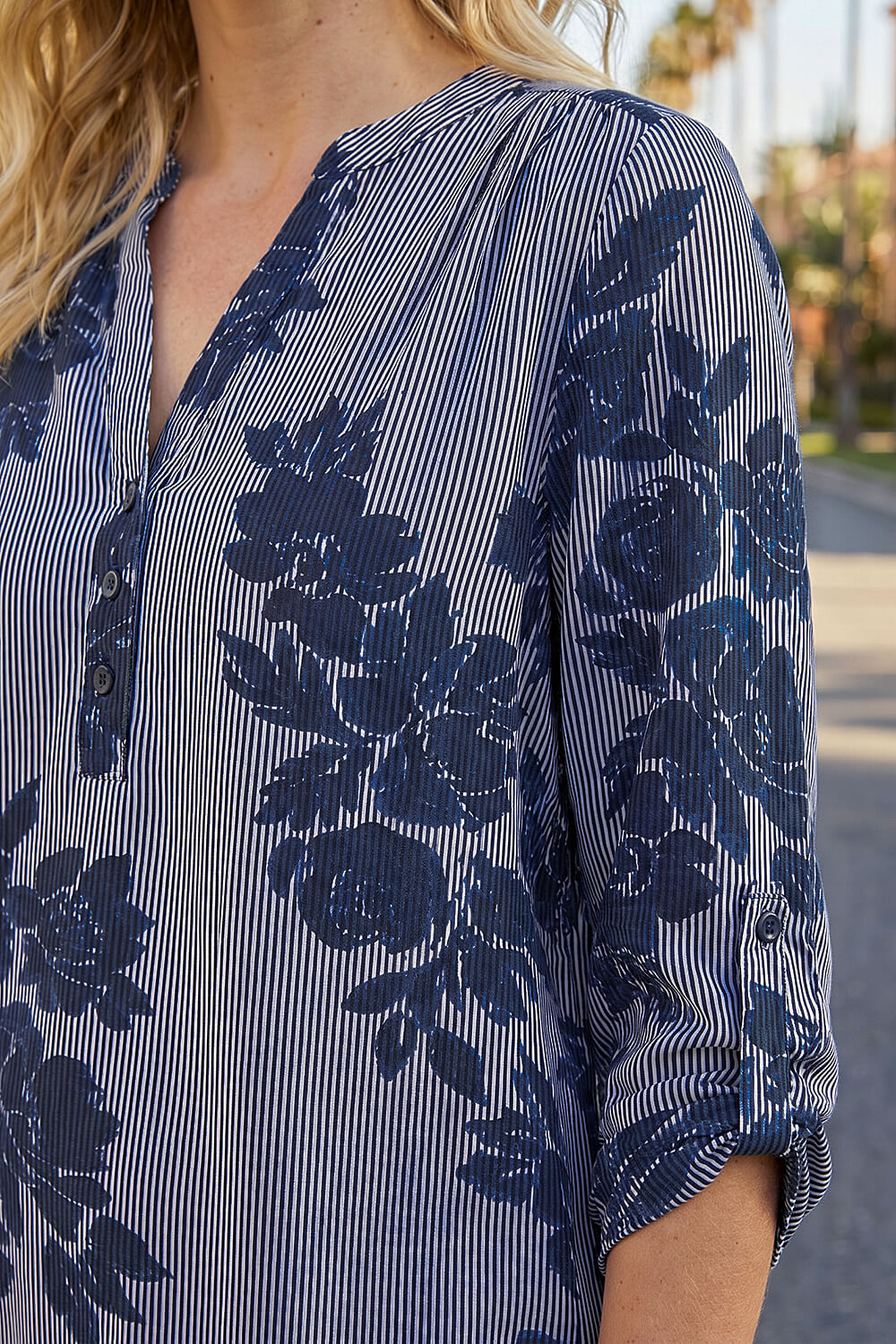 Navy Stripe Floral Print Stretch Shirt , Image 5 of 4