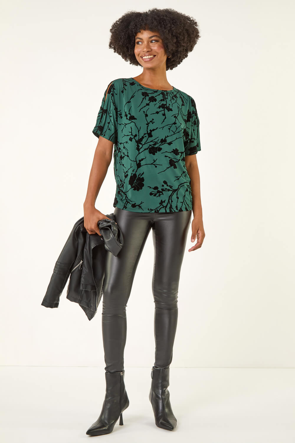Green Floral Jersey Stretch Top, Image 4 of 5