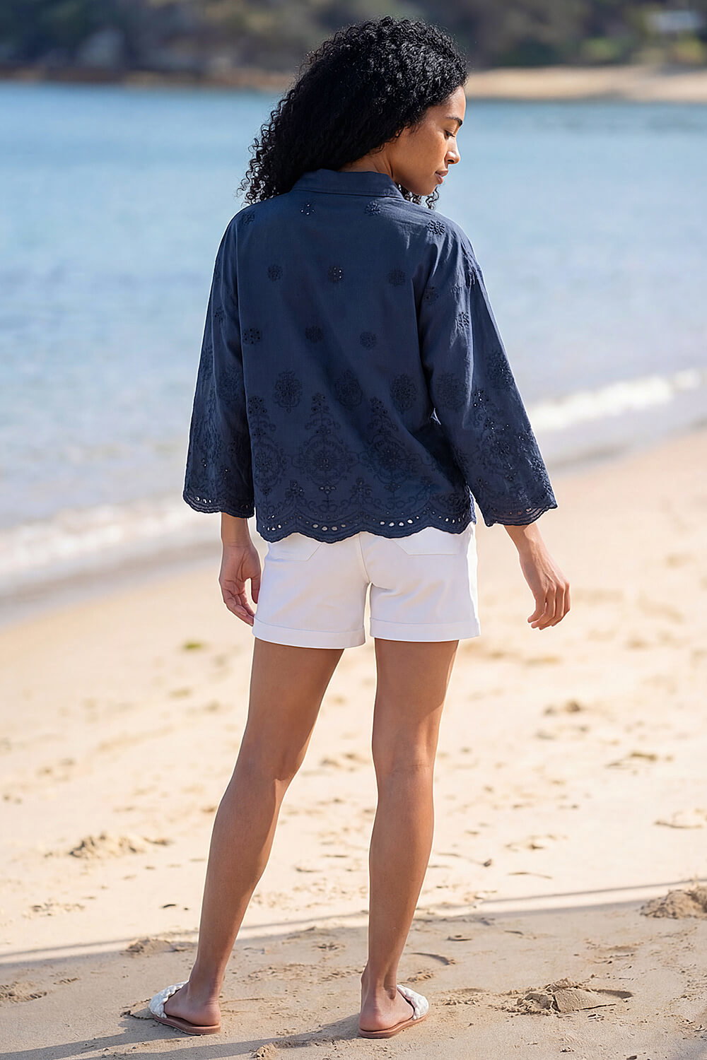 Navy  Broderie Hem Buttoned Shirt, Image 4 of 4