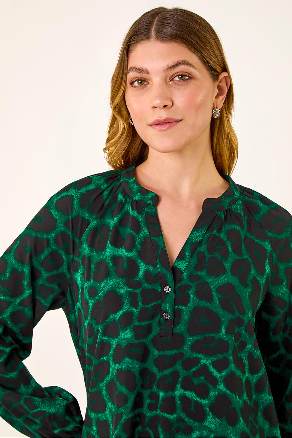 Green Animal Print V-Neck Top, Image 5 of 5